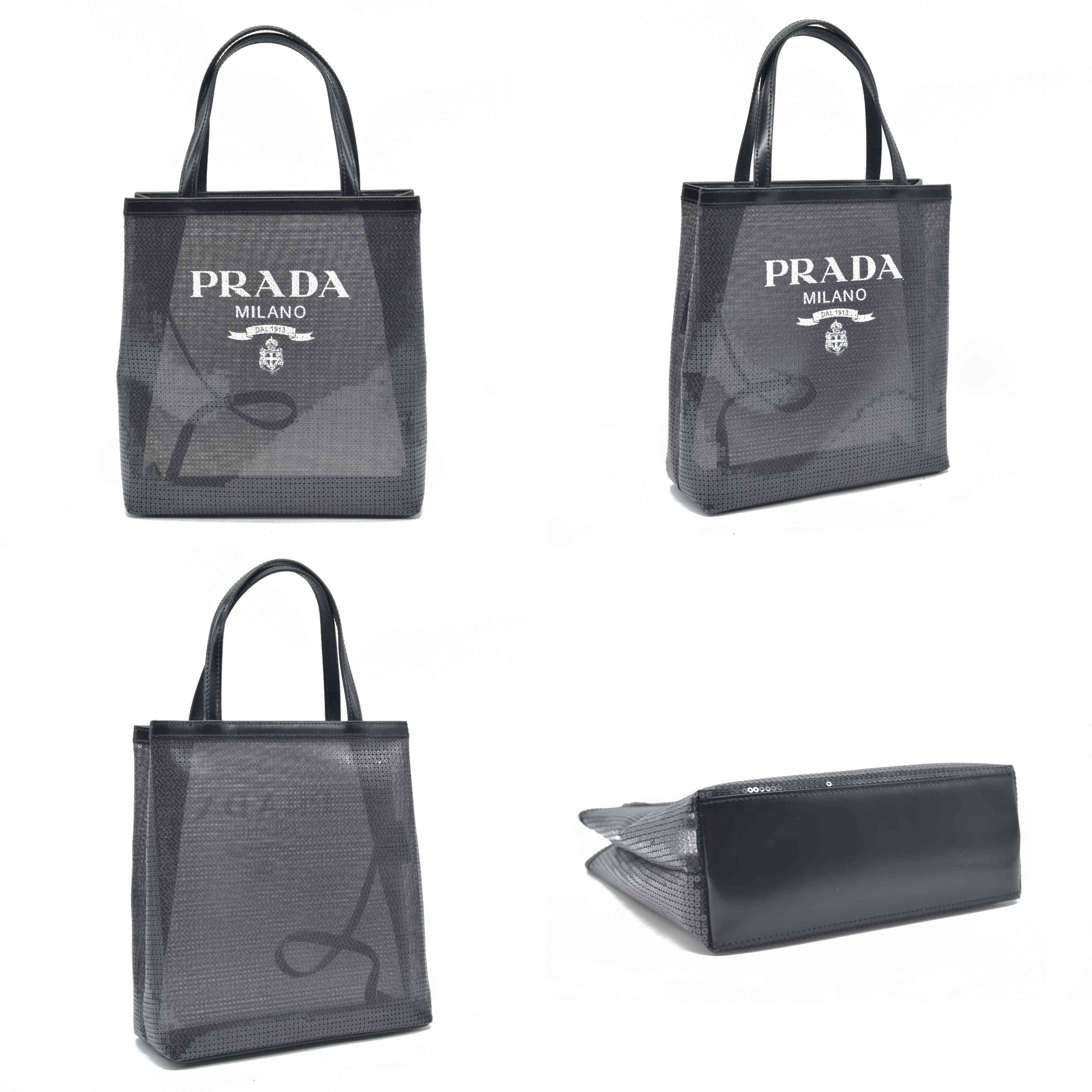 $2100 Prada Sequin Rete Paillettes Small Tote Bag Black