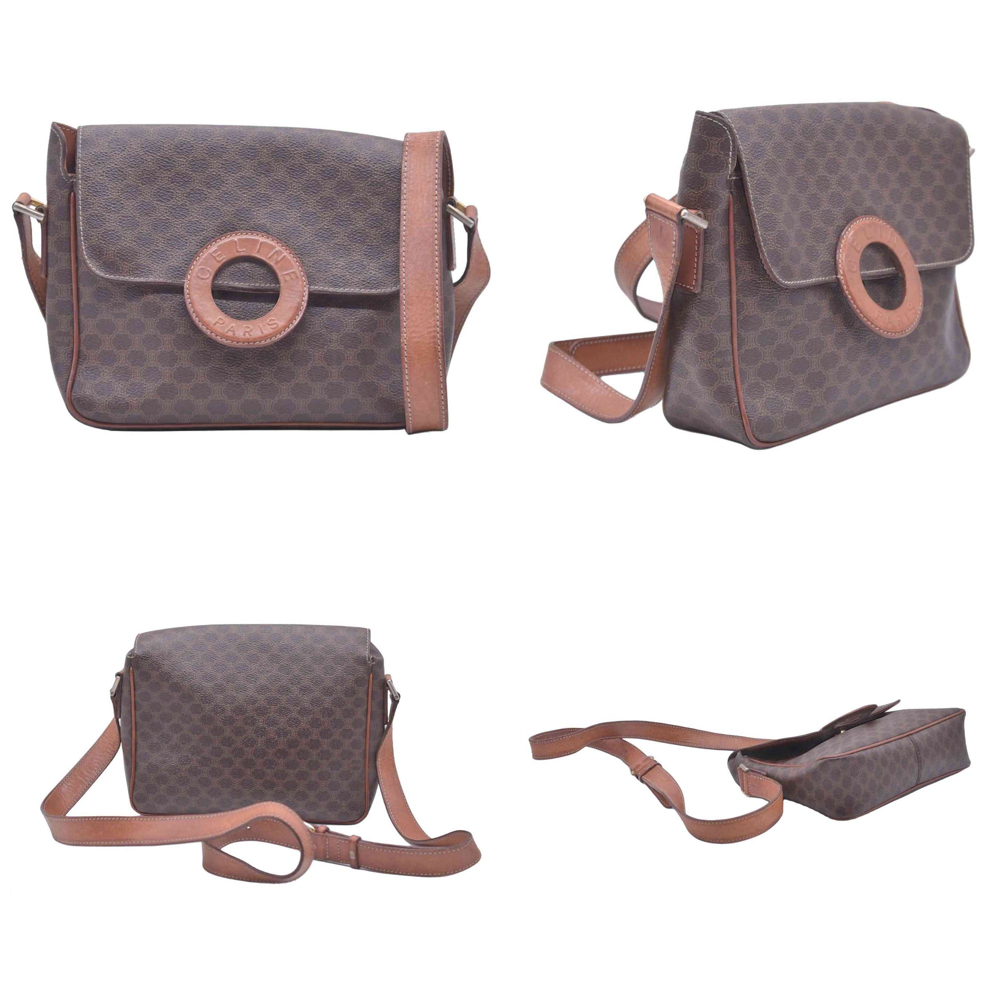 CELINE Macadam Coated Canvas Ring Circle Logo Crossbody Bag Brown CONSIGNMENT 10021238