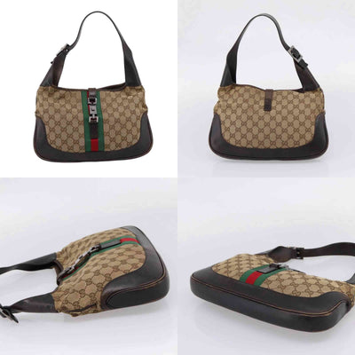 $1400 Gucci Web Jackie Leather and Canvas Supreme Hobo