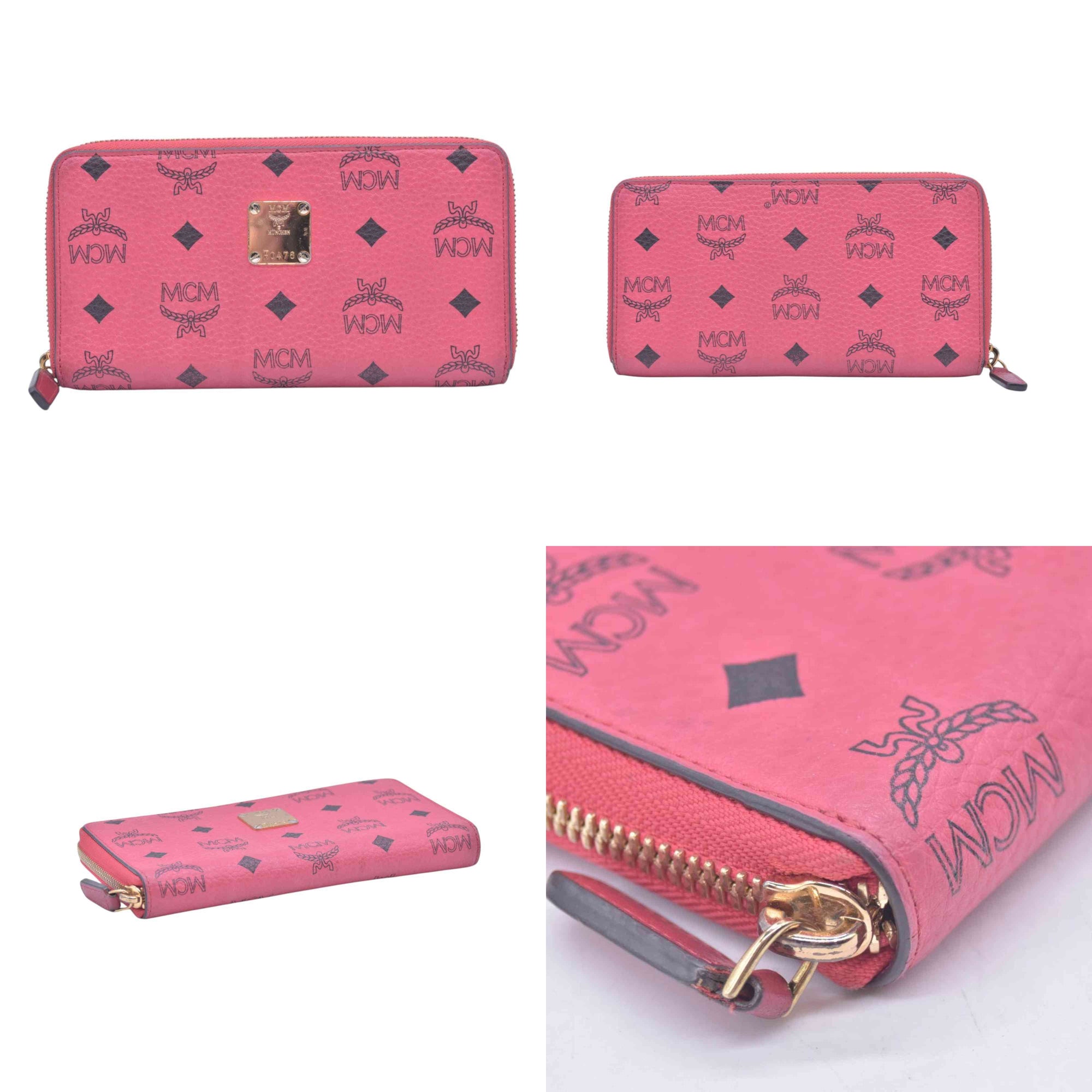 $430 MCM Coral Pink Monogram Logo Zip Around Long Wallet CONSIGNMENT 10021461