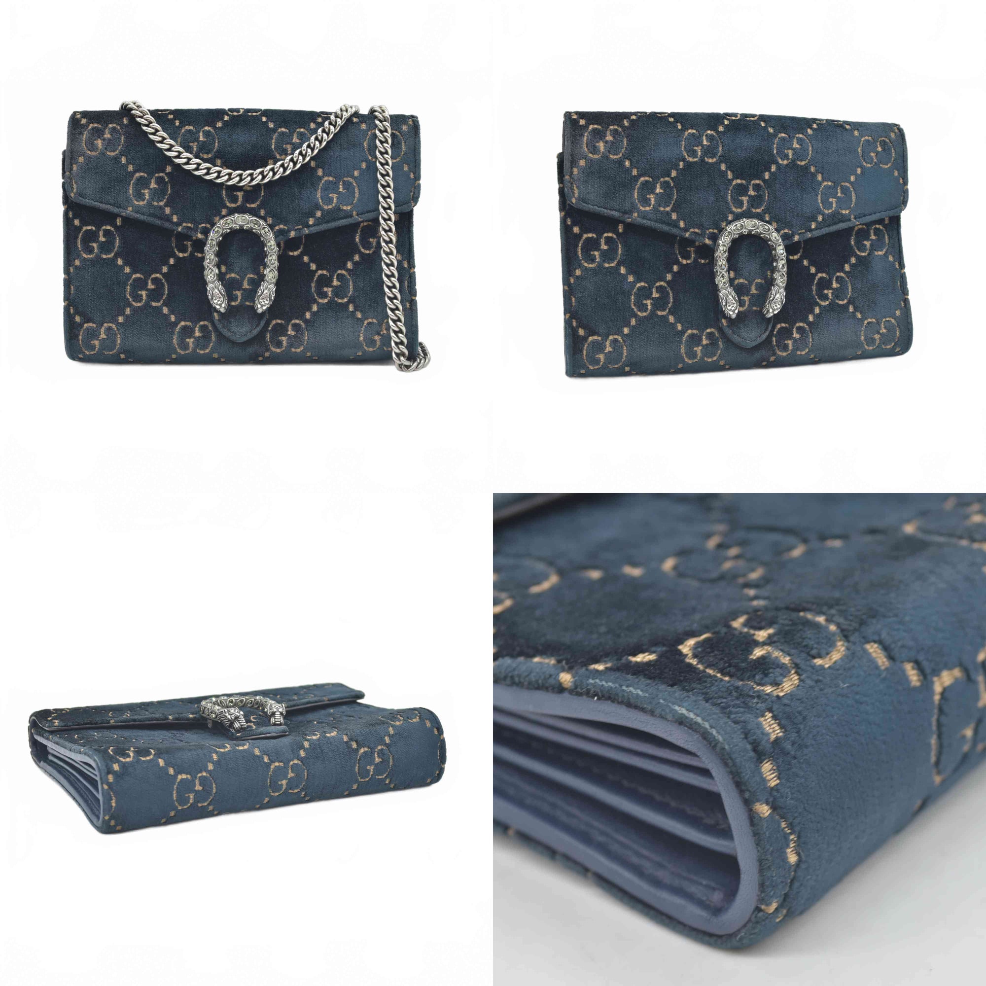 $1650 Gucci Velvet Crystal GG Monogram Mini Dionysus Chain Wallet Blue Beige Black