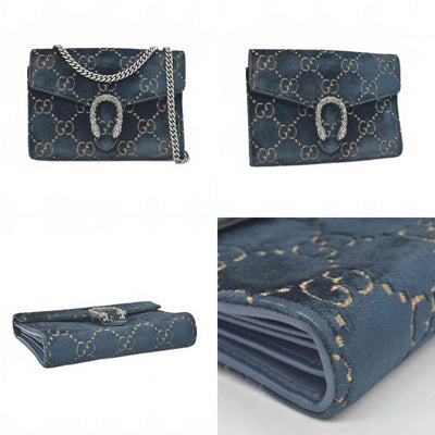 $1650 Gucci Velvet Crystal GG Monogram Mini Dionysus Chain Wallet Blue Beige Black