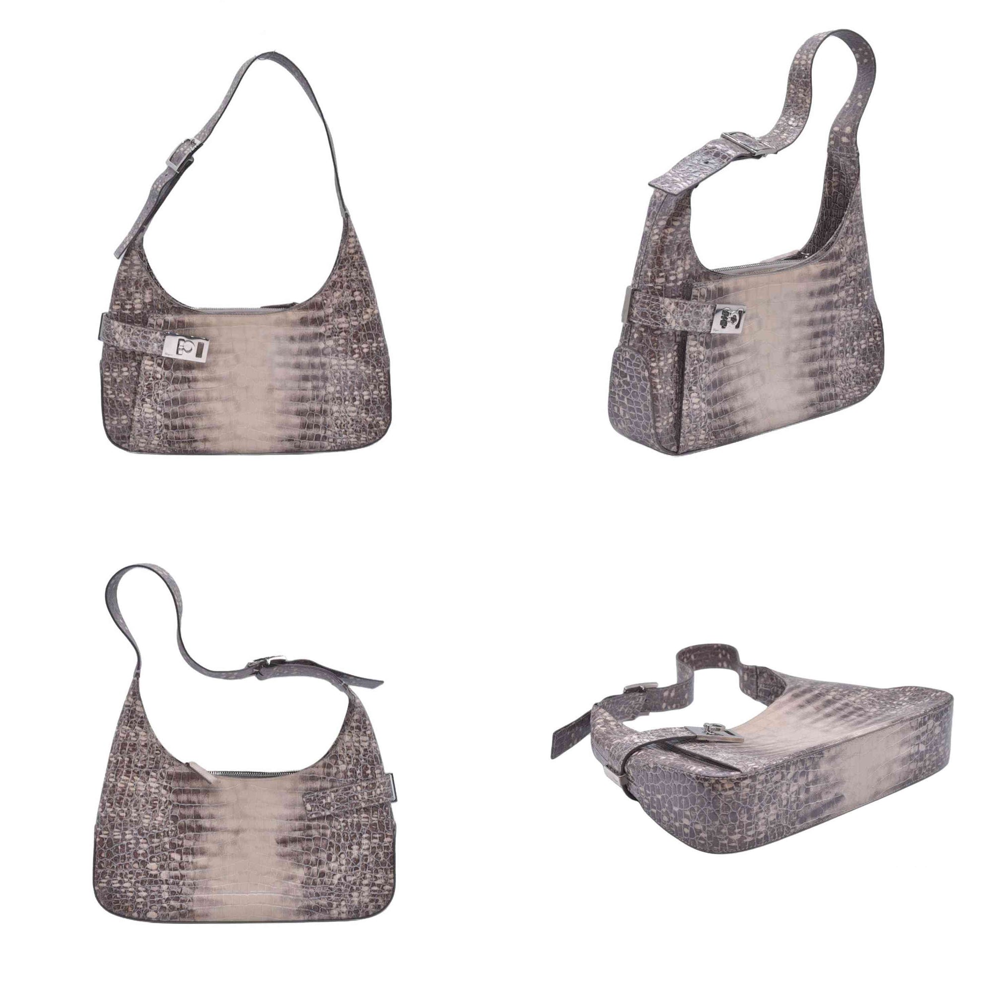 Salvatore Ferragamo Croc Embossed Beige Leather Hobo Shoulder Bag CONSIGNMENT