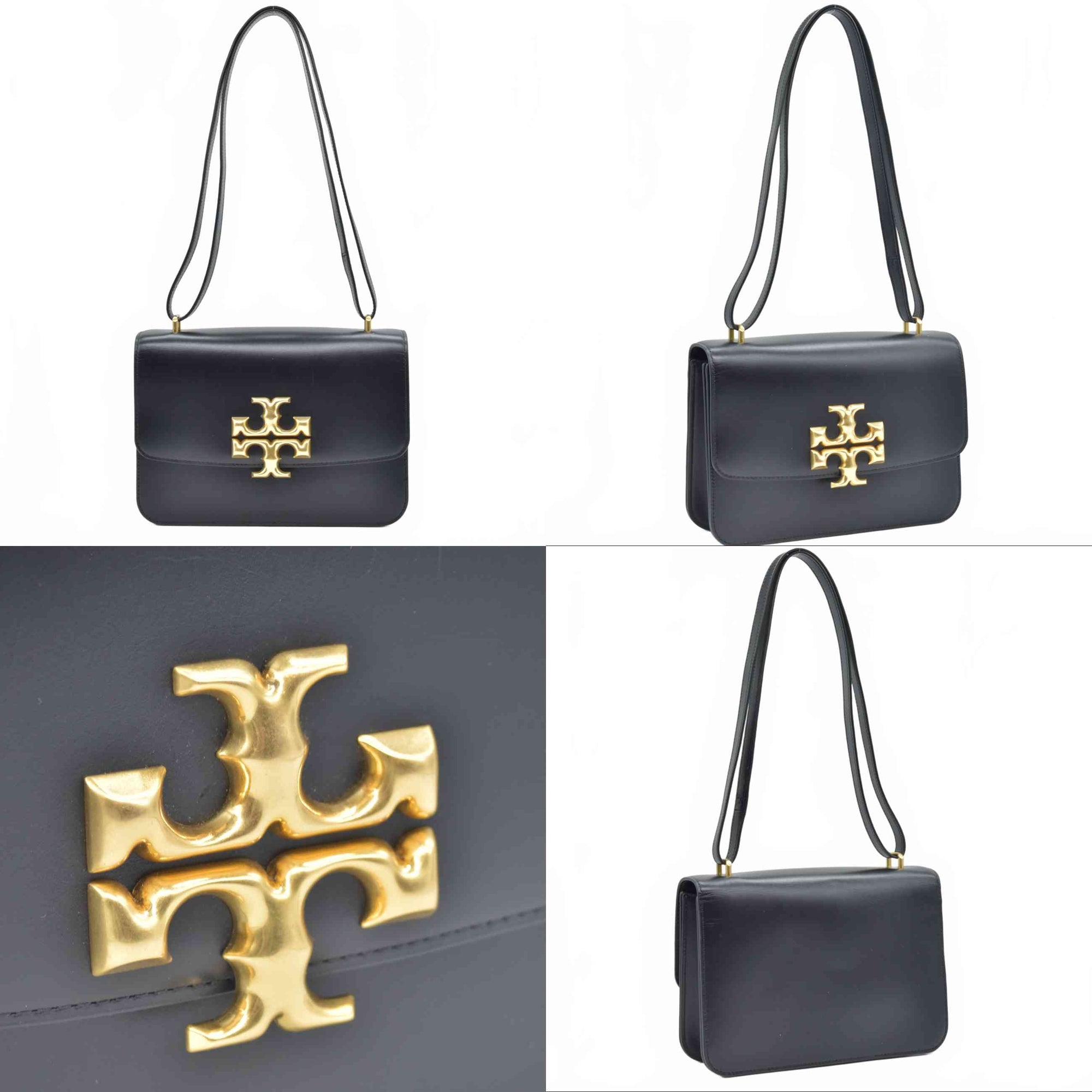 $800 Tory Burch Eleanor Convertible Shoulder Bag Black Gold