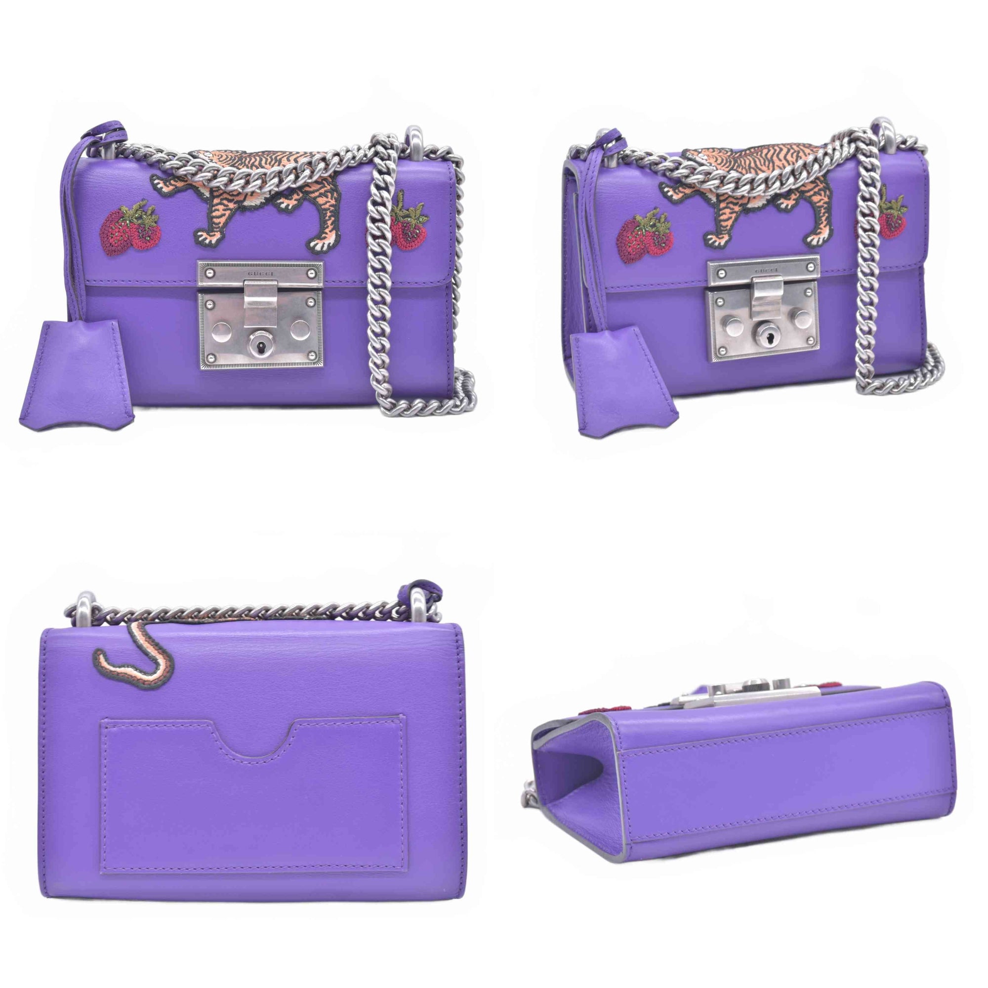 $1250 GUCCI Purple Leather Padlock Strawberry Shoulder Bag CONSIGNMENT 10021438