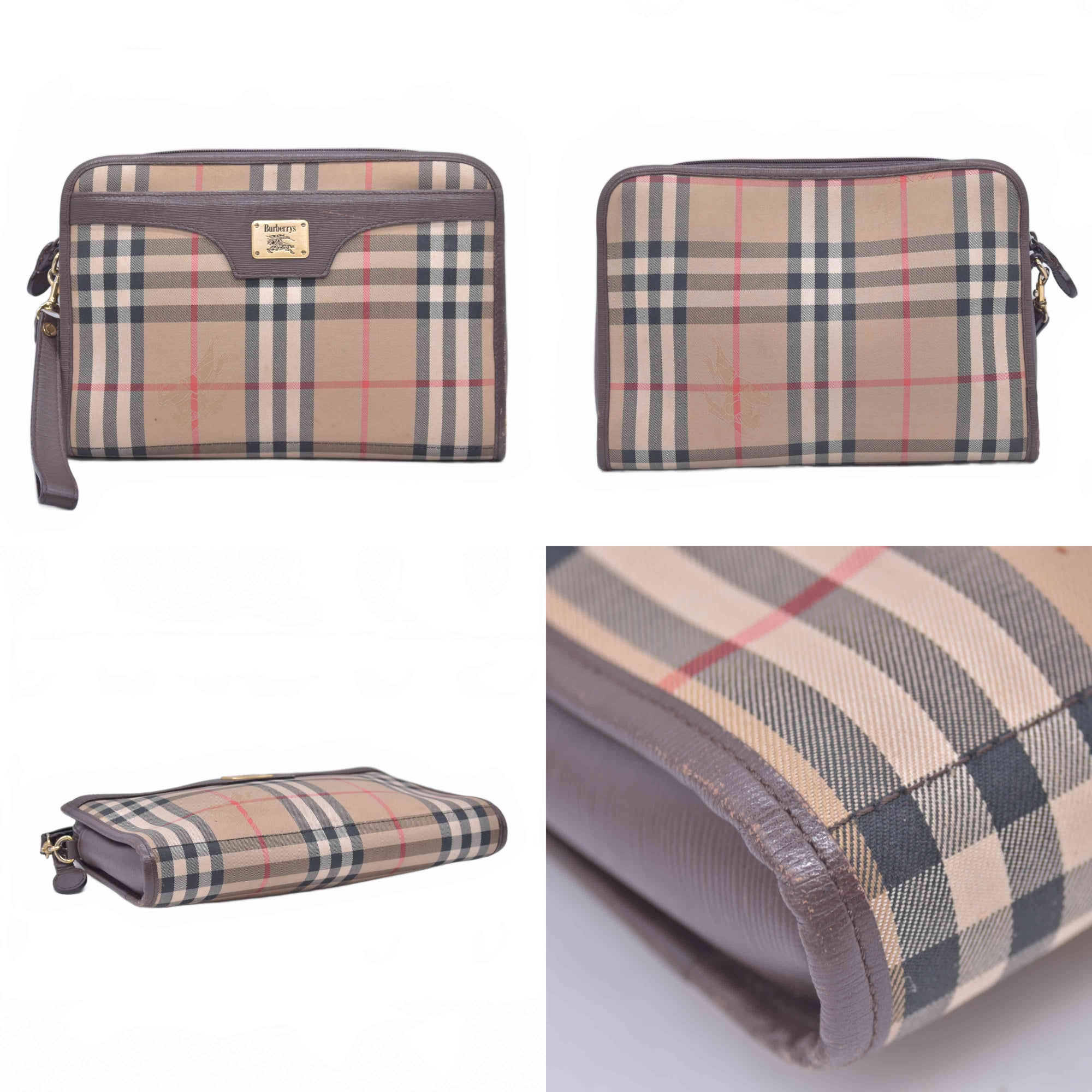 $450 Burberrys Horse Logo Check Canvas Clutch Bag Beige