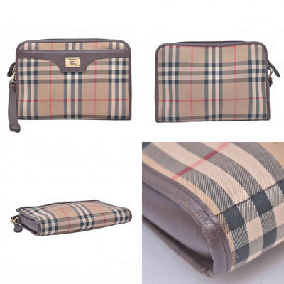 $450 Burberrys Horse Logo Check Canvas Clutch Bag Beige