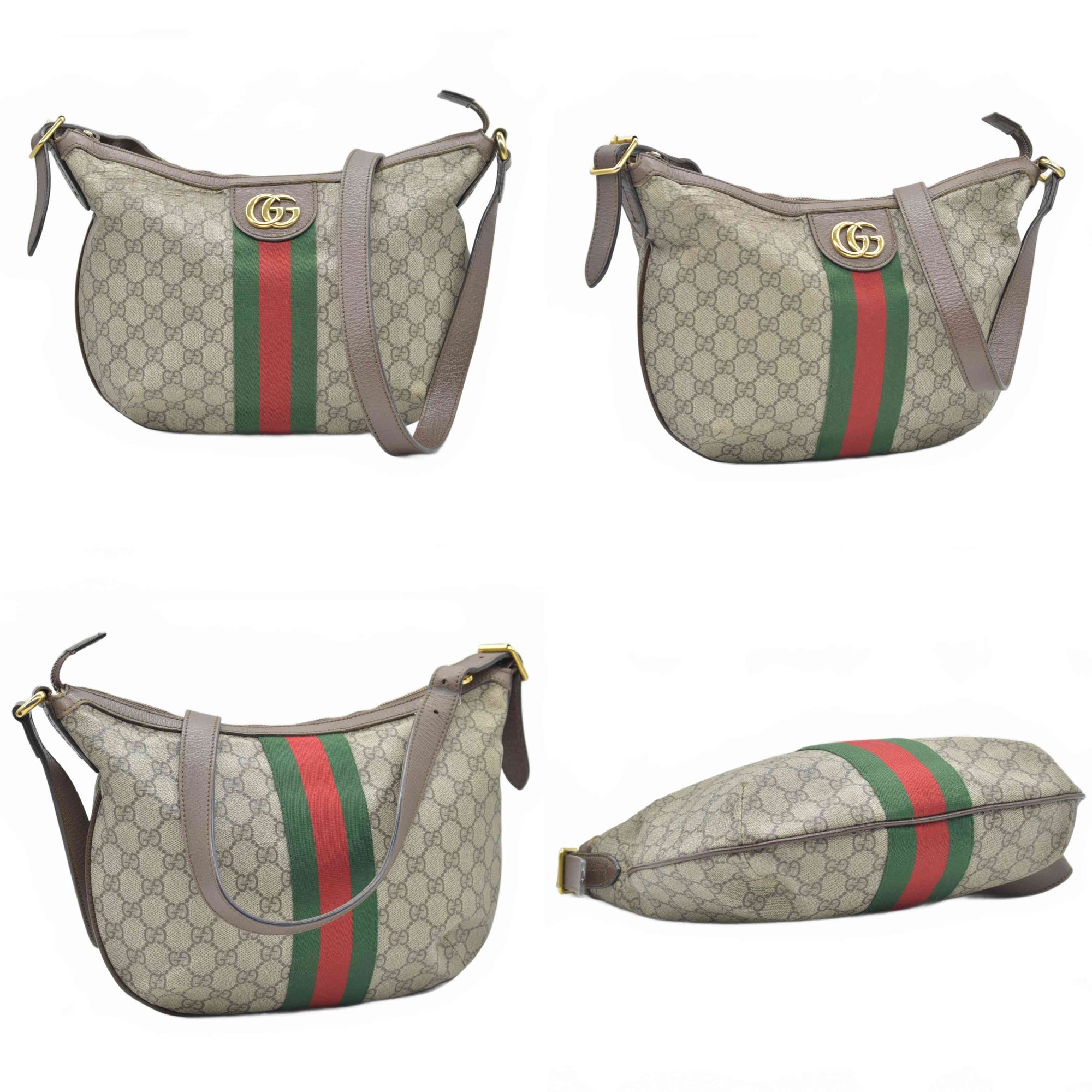 $1750 Gucci GG Supreme Monogram Web Small Ophidia Half Moon Hobo Brown
