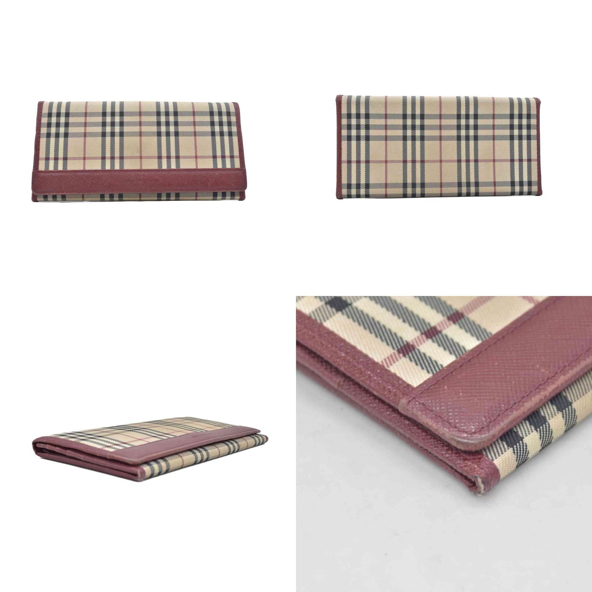 Burberry Beige & Burgundy Canvas Leather Nova Check Long Wallet CONSIGNMENT