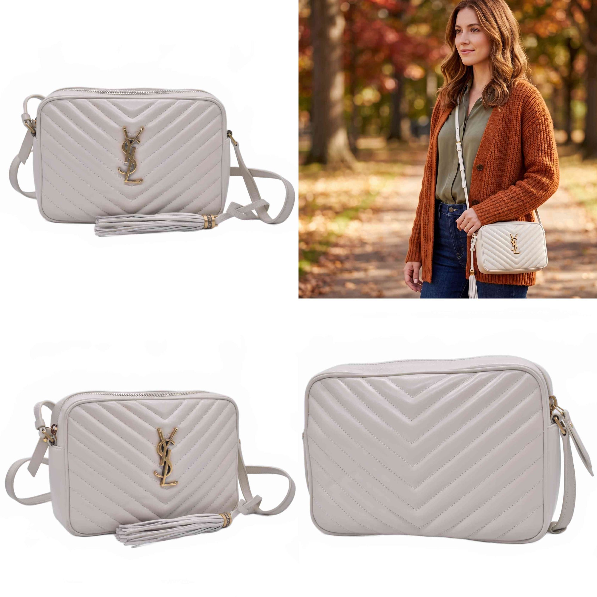 $1950 2022 Saint Laurent Calfskin Matelasse Monogram Lou Camera Bag Crema Soft