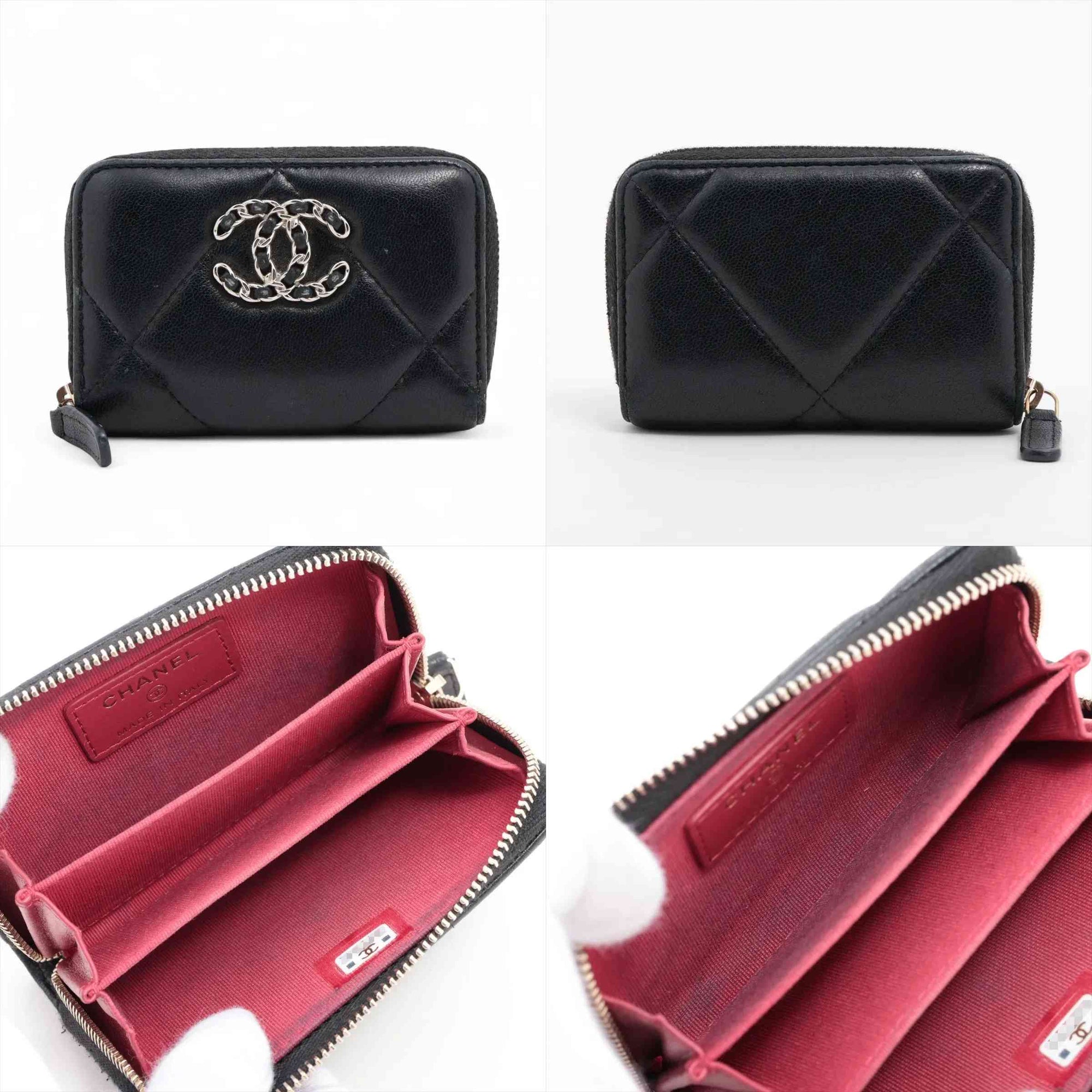 Chanel CHANEL 19 Lambskin Coin Purse Black Silver Metal 10021120