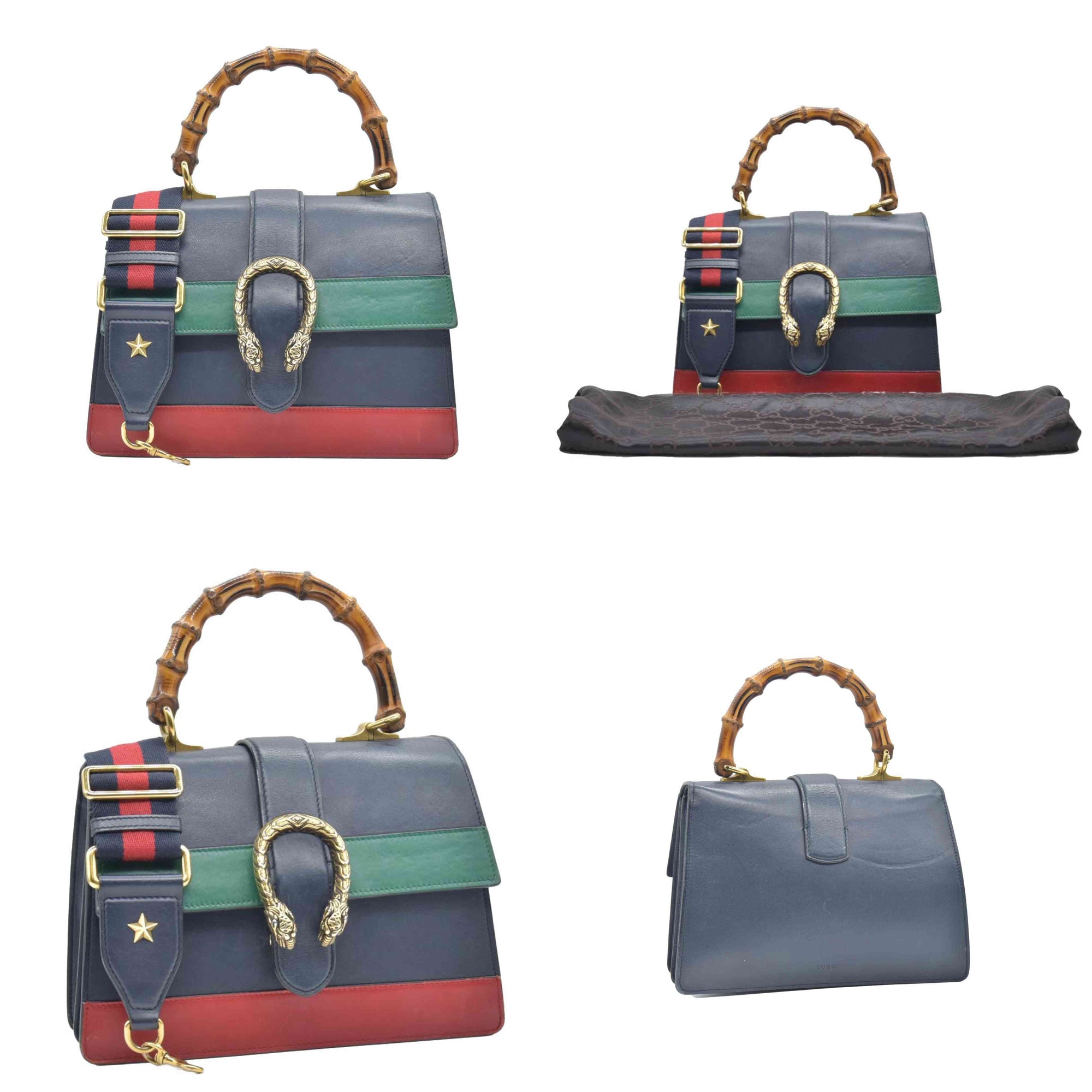 $3500 CONSIGNMENT GUCCI Moon Calfskin Web Medium Dionysus Bamboo Top Handle Bag Blue Emerald Hibiscus Red