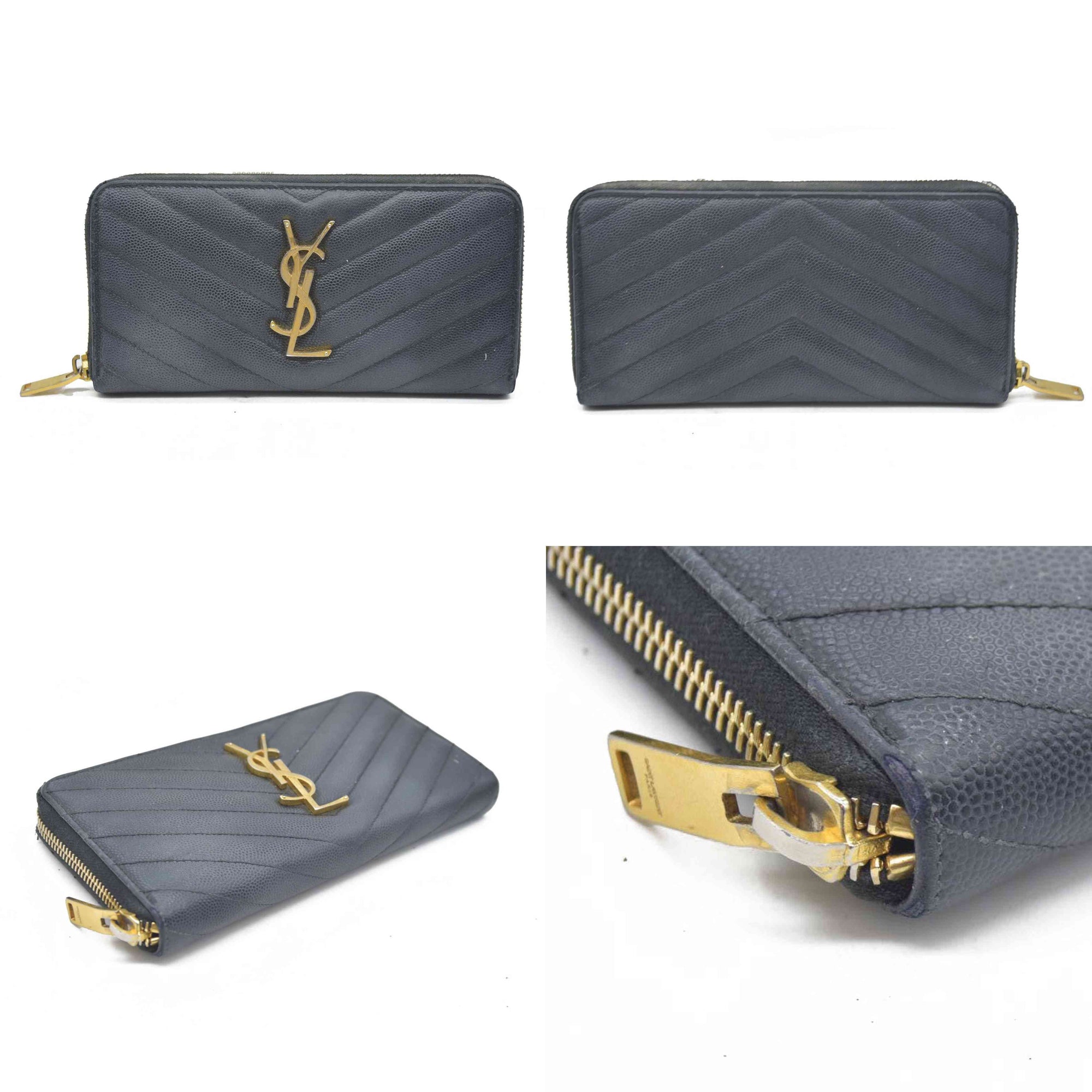 $950 CONSIGNMENT Saint Laurent CASSANDRE MATELASSÉ ZIP AROUND WALLET IN GRAIN DE POUDRE LEATHER