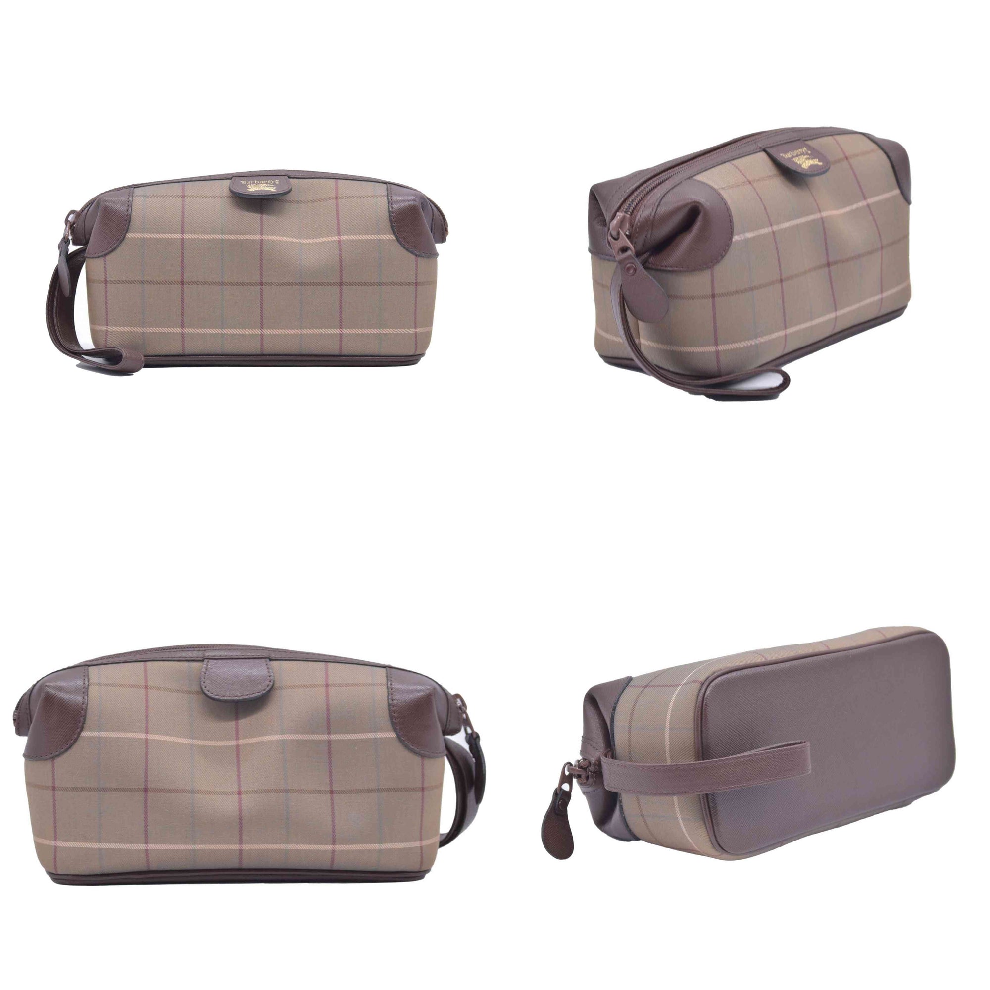 $650 BURBERRYS Coated Canvas Nova Check Wristlet Pouch Dark Brown CONSIGNMENT 10021185