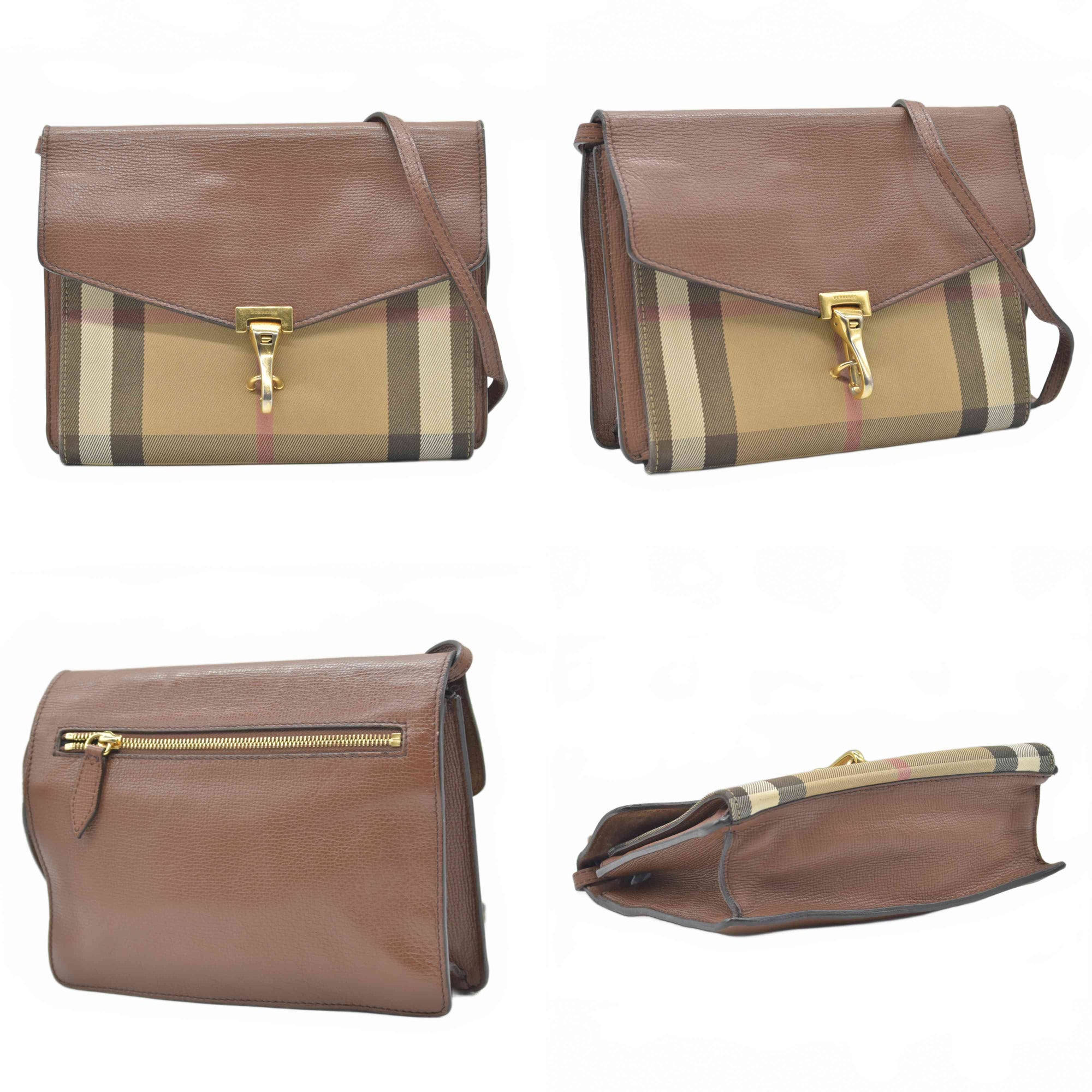 $1290 Burberry Derby Calfskin House Check Small Macken Crossbody Bag Tan
