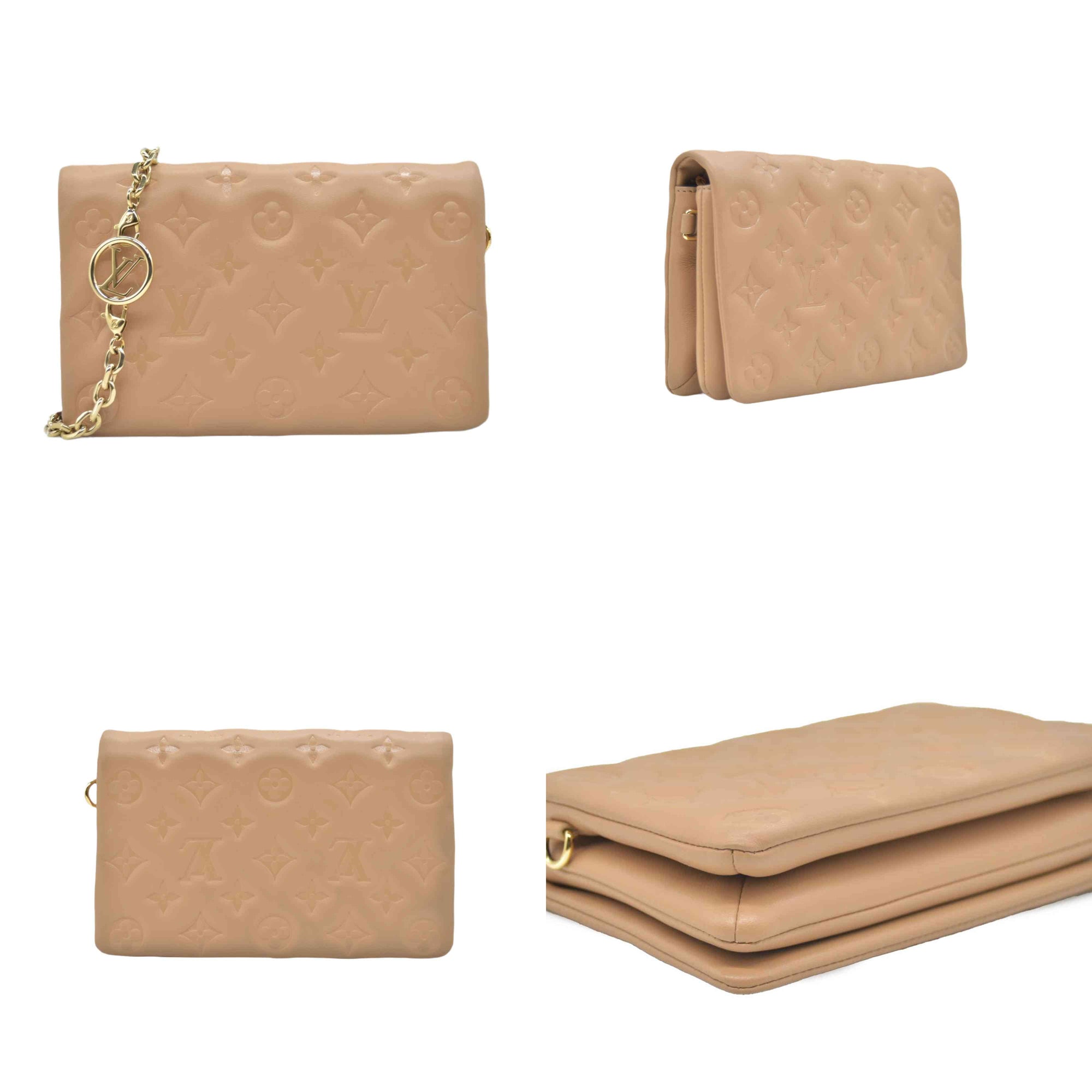 $3150 Louis Vuitton Lambskin Embossed Monogram Pochette Coussin Camel Color Transfer