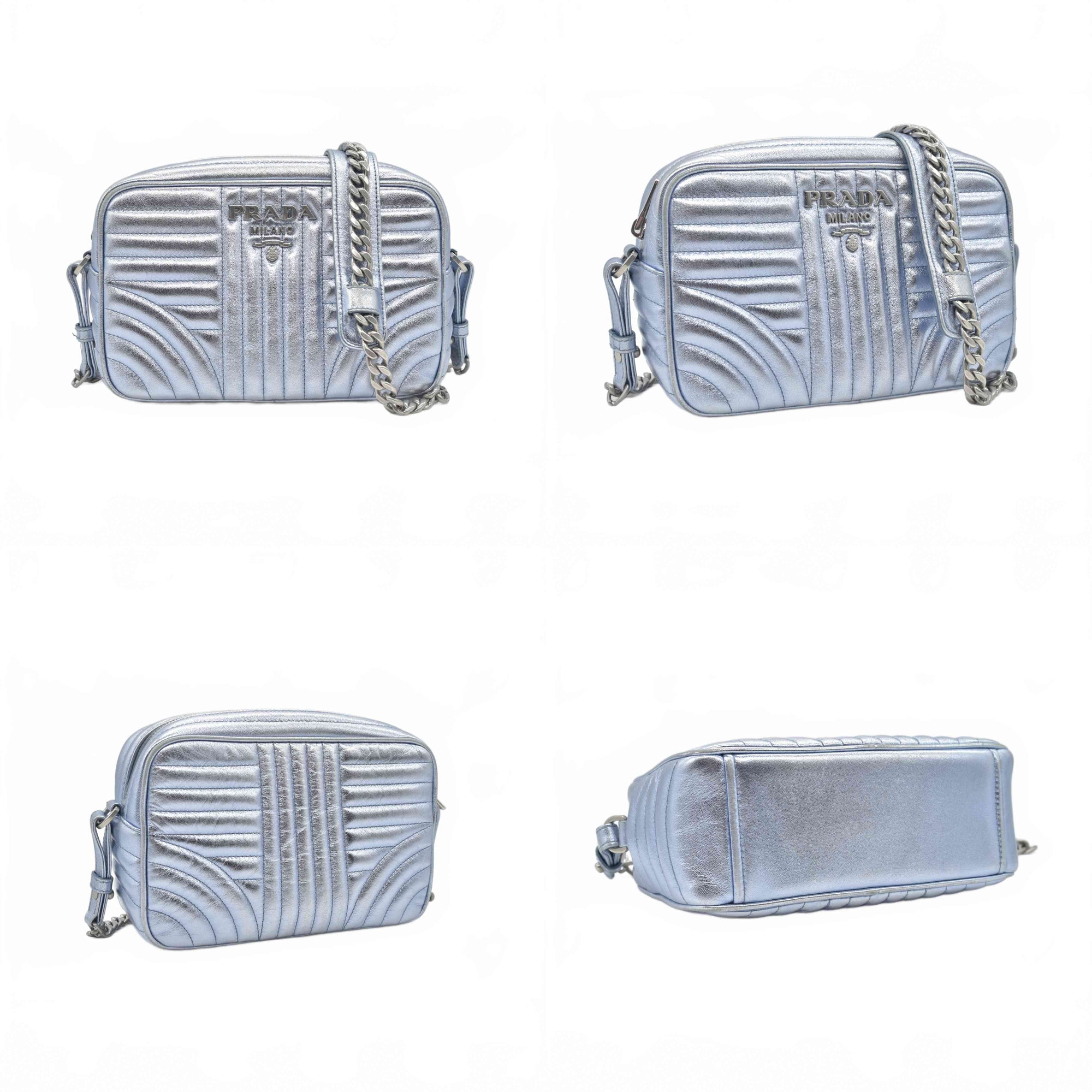 $1690 Prada Soft Calfskin Diagramme Camera Bag Metallic Silver