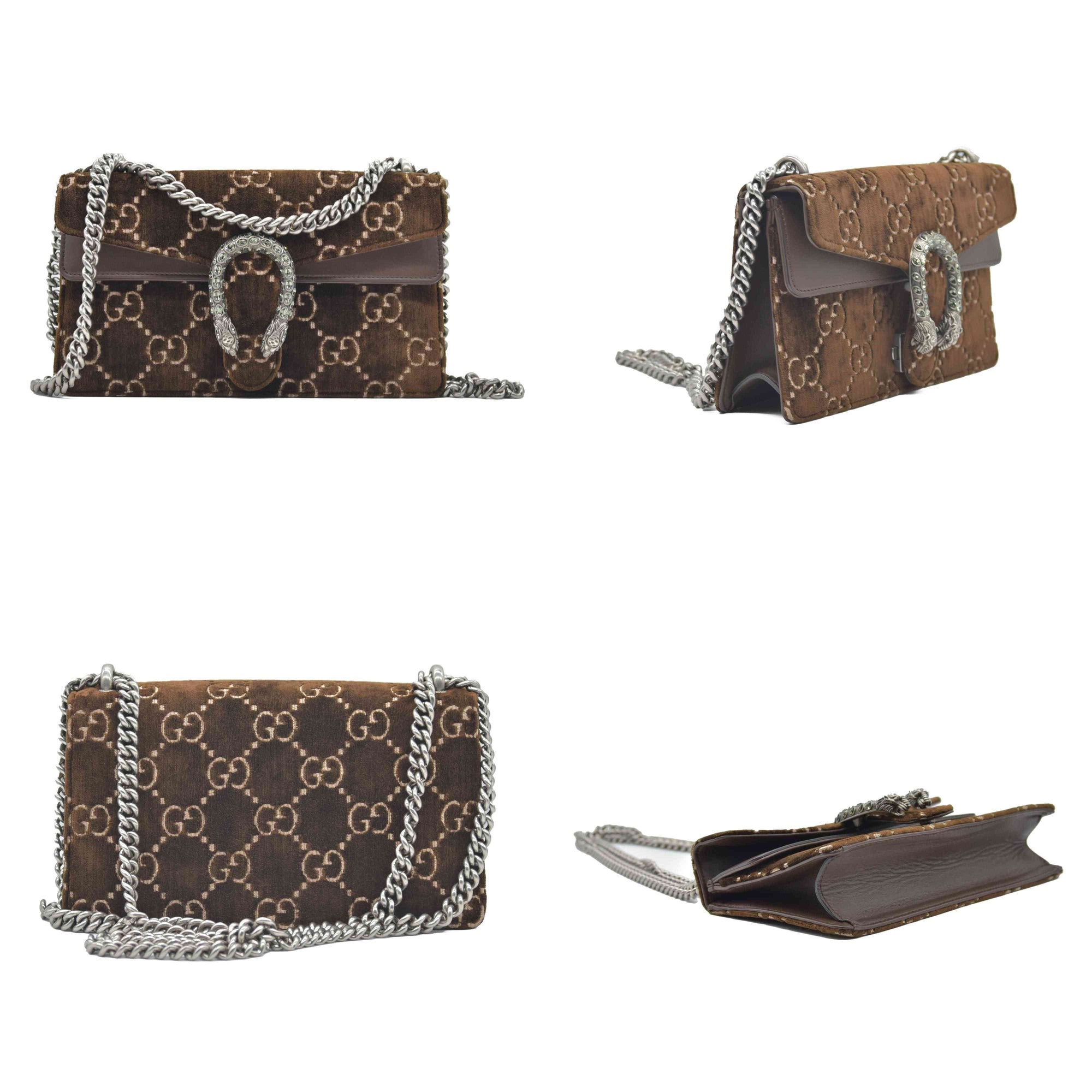 $2800 Gucci Velvet Moon Calfskin Crystal GG Monogram Small Dionysus Shoulder Bag Brown Vintage Cocoa Black Diamond