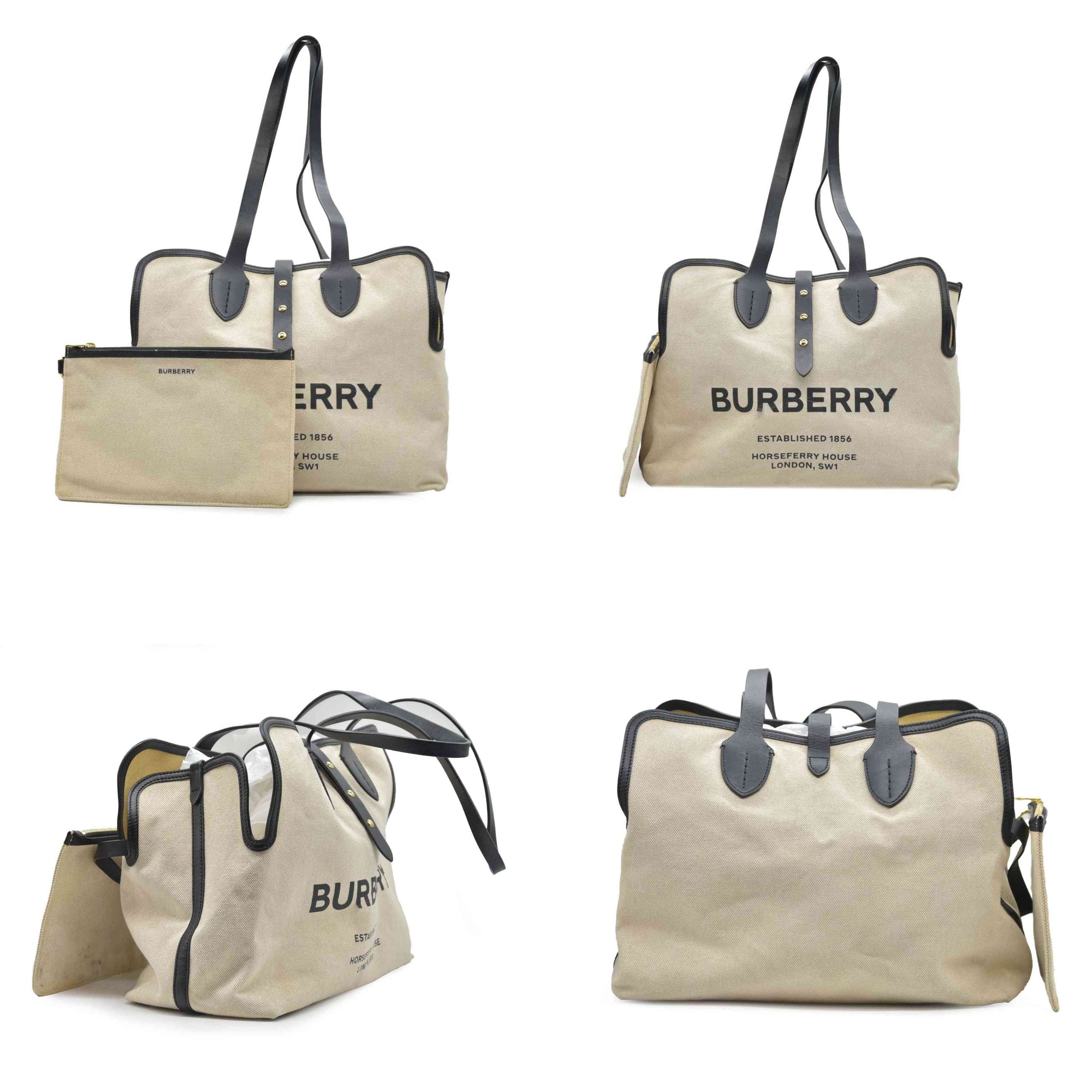 $2490 Burberry Cotton Soft Canvas Calfskin Medium Belt Tote Natural Black