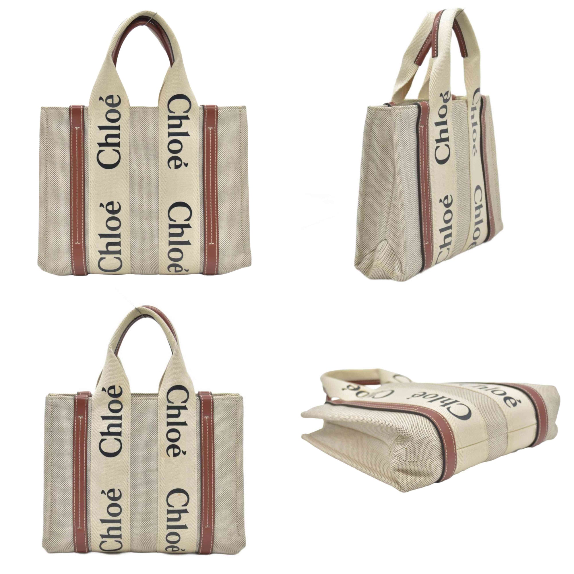 $1350 Chloe Linen Calfskin Small Woody Ribbon Tote White Black