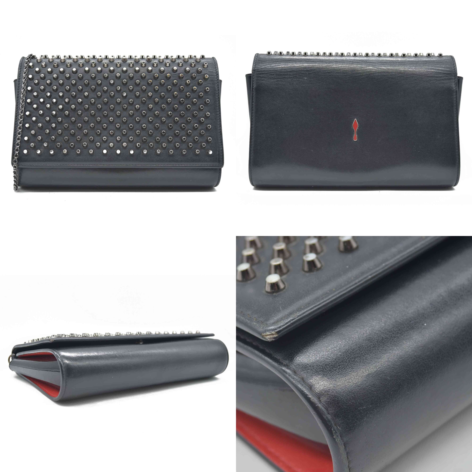 $1490 CHRISTIAN LOUBOUTIN Calfskin Patent Spikes Paloma Clutch Black