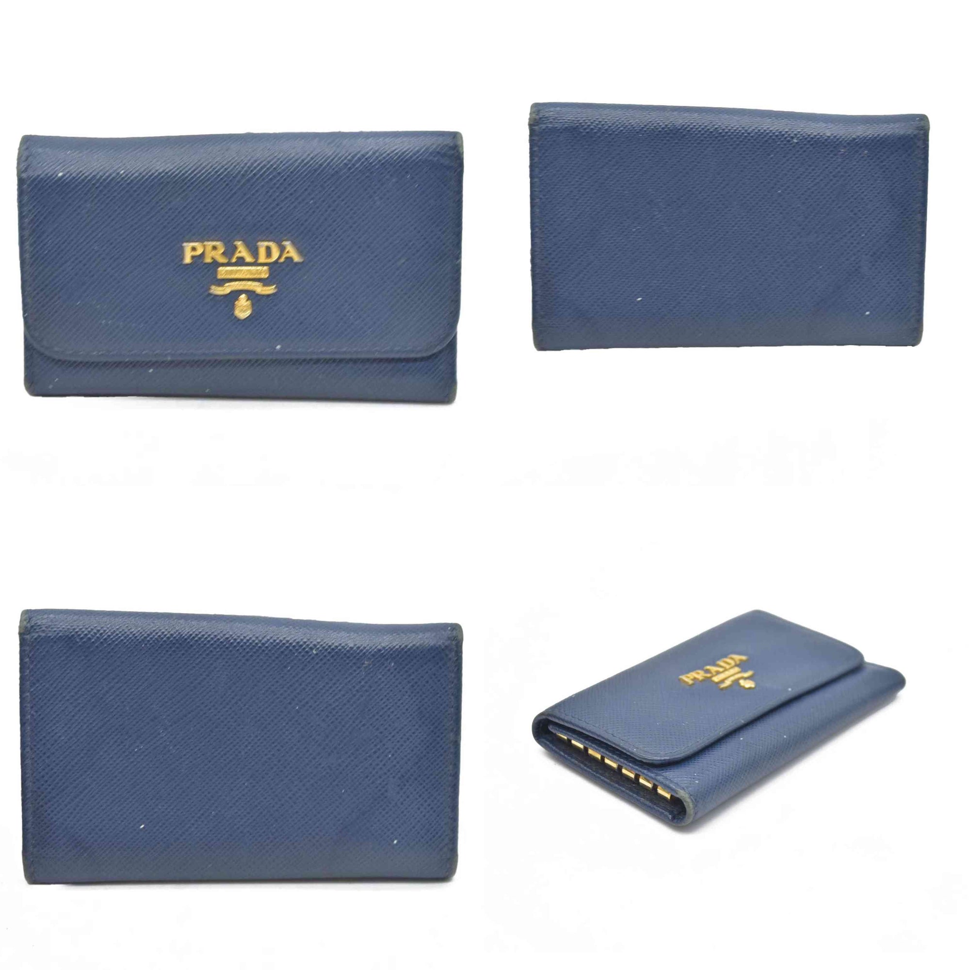 PRADA Logo Saffiano Leather 6 Ring Key Case Navy blue