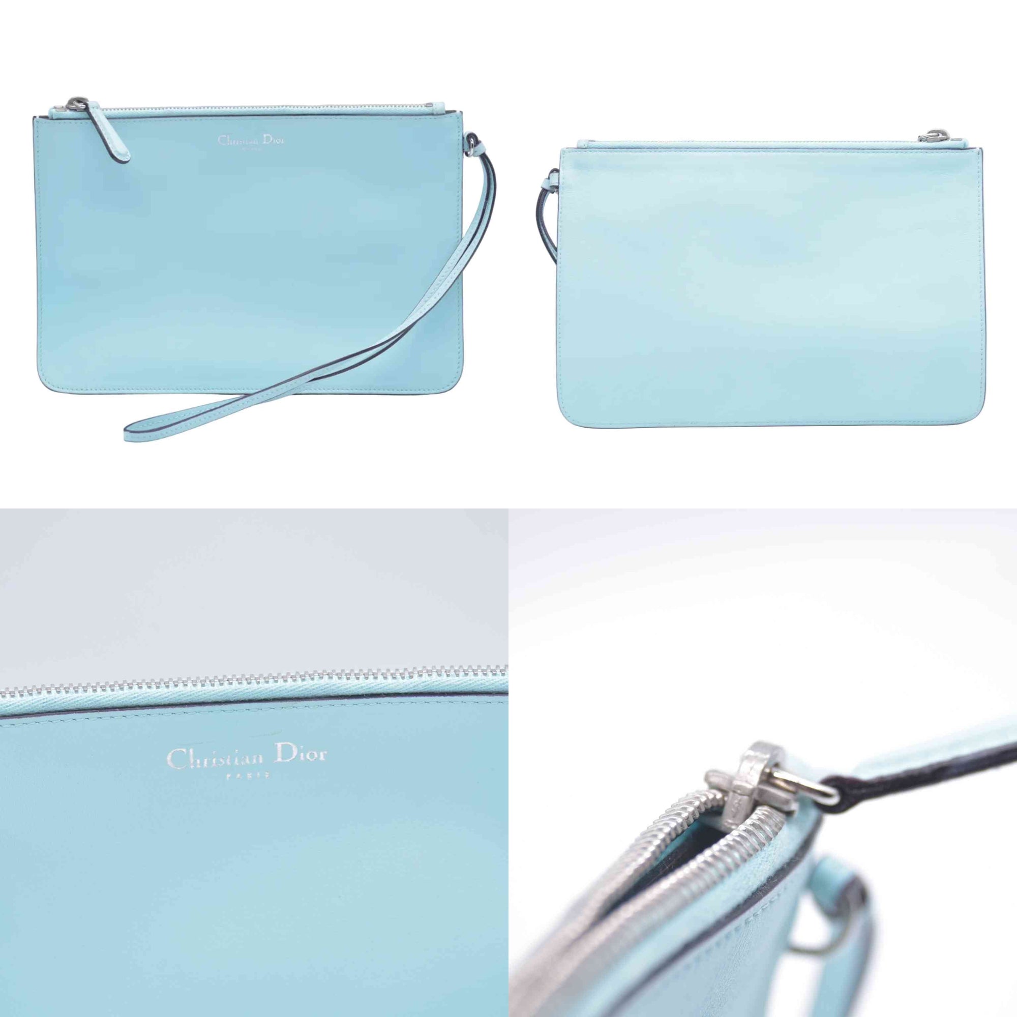 $1000 CHRISTIAN DIOR Sky Blue Leather Flat Pouch Wristlet CONSIGNMENT 10021433