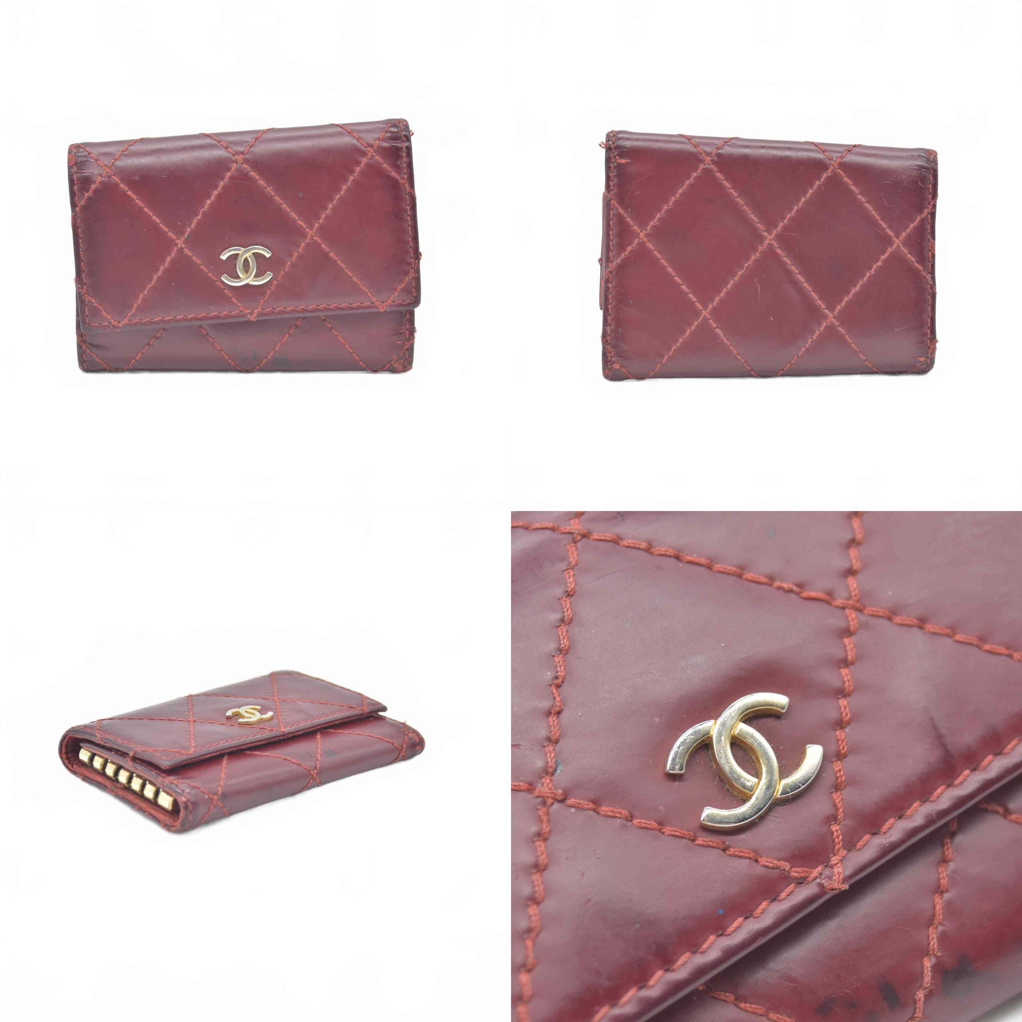 $750 2004 Chanel Calfskin Wild Stitch 6 Key Ring Holder Burgundy 10019940