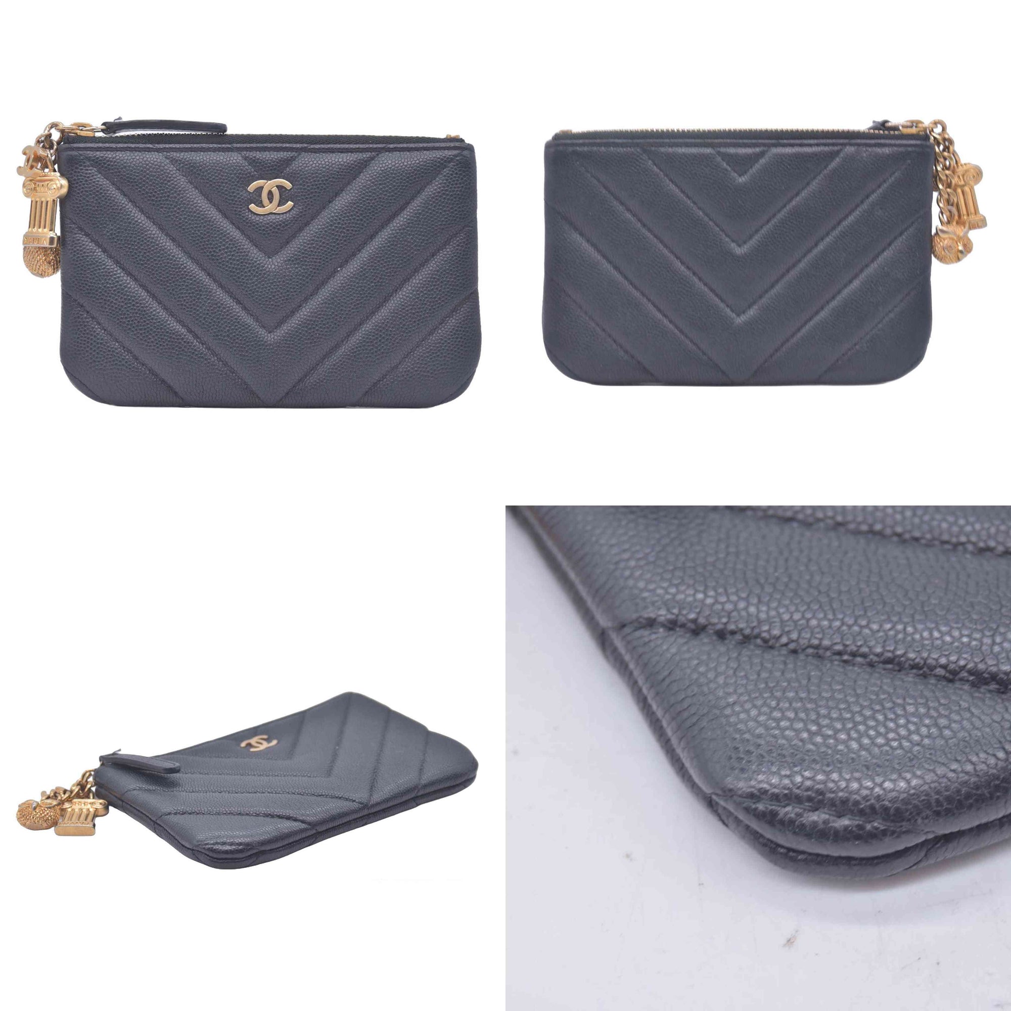 Chanel Caviar Chevron Quilted Small Ancient Greek Charms Cosmetic Case Black CONSIGNMENT