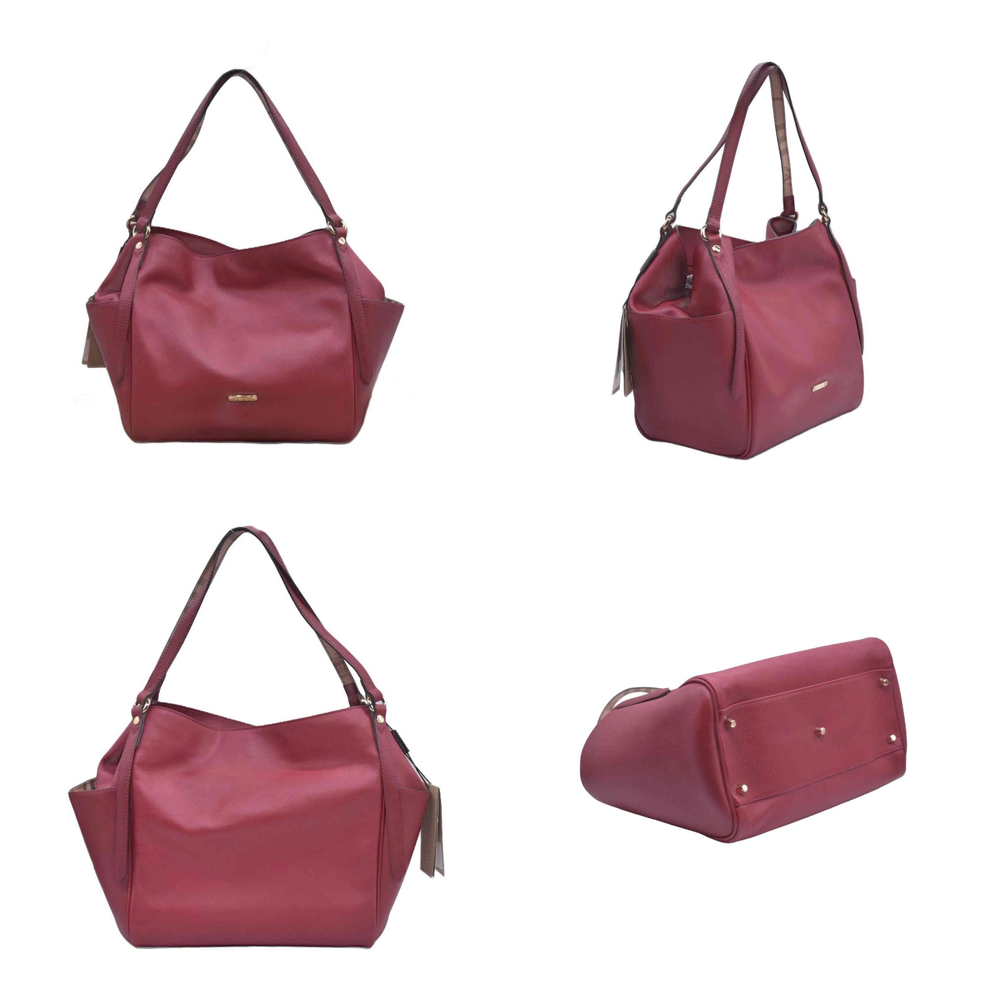 $1095 Burberry Leather Panels Small Canterbury Tote Red CONSIGNMENT