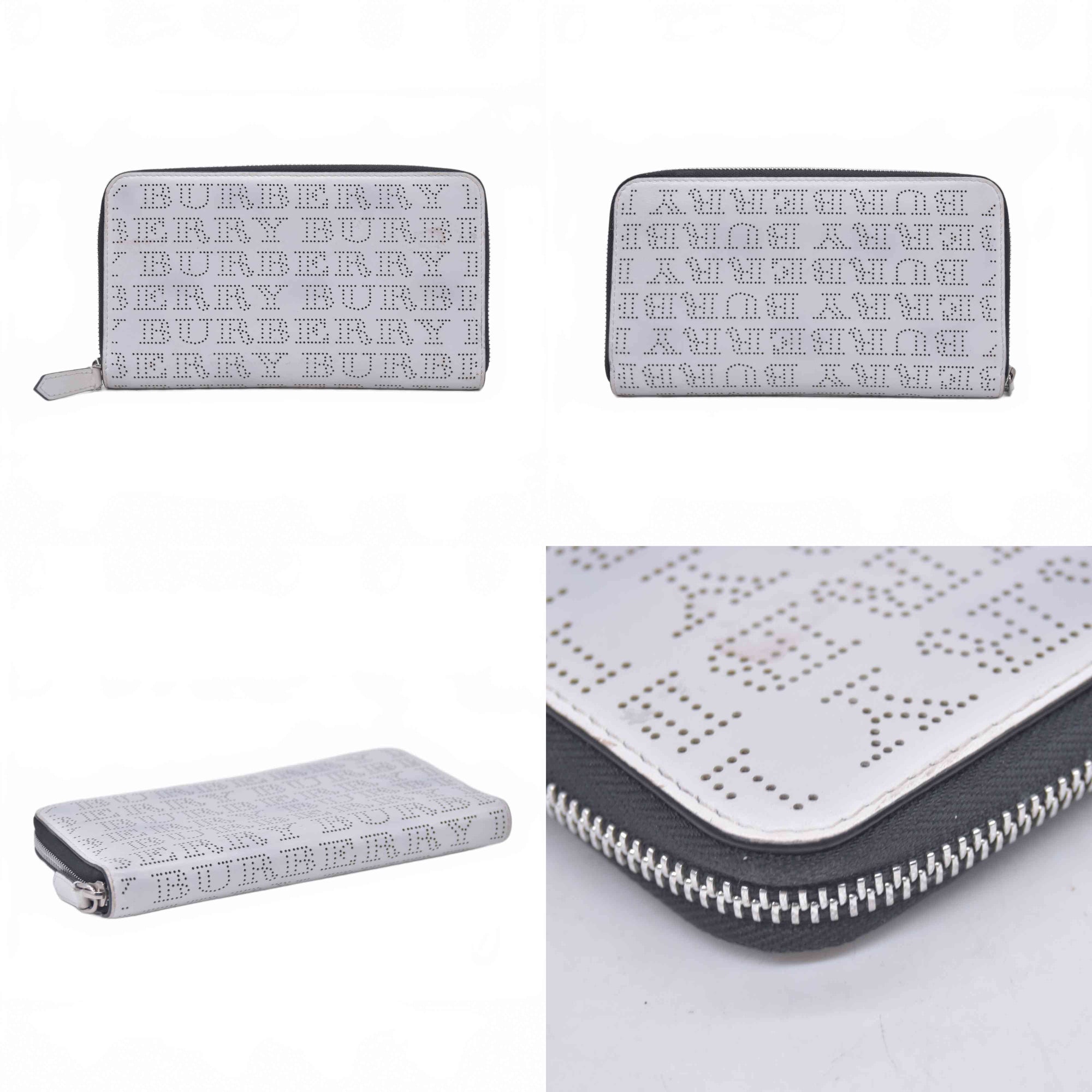 $598 BURBERRY Logo Perforated Leather Zip Around Long Wallet White
