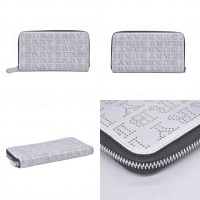 $598 BURBERRY Logo Perforated Leather Zip Around Long Wallet White