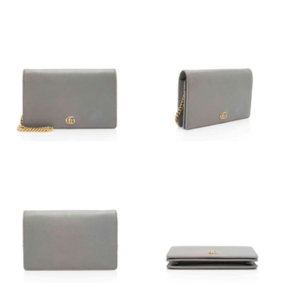 GUCCI Dollar Calfskin Enamel Mini GG Marmont Chain Wallet Grey