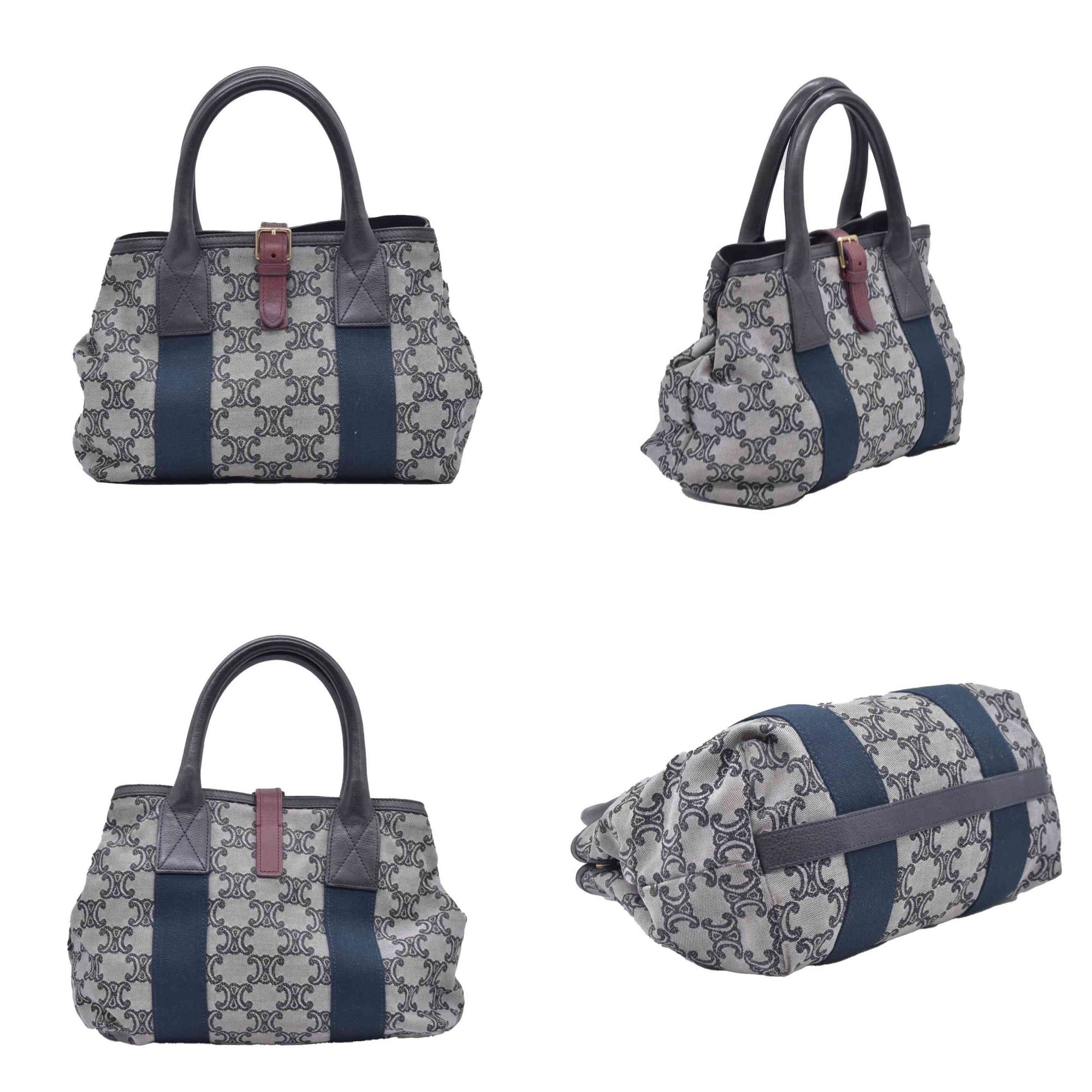 $1150 CELINE Triomphe Canvas & Web Buckle Strap Tote Bag Grey Navy CONSIGNMENT 10021188