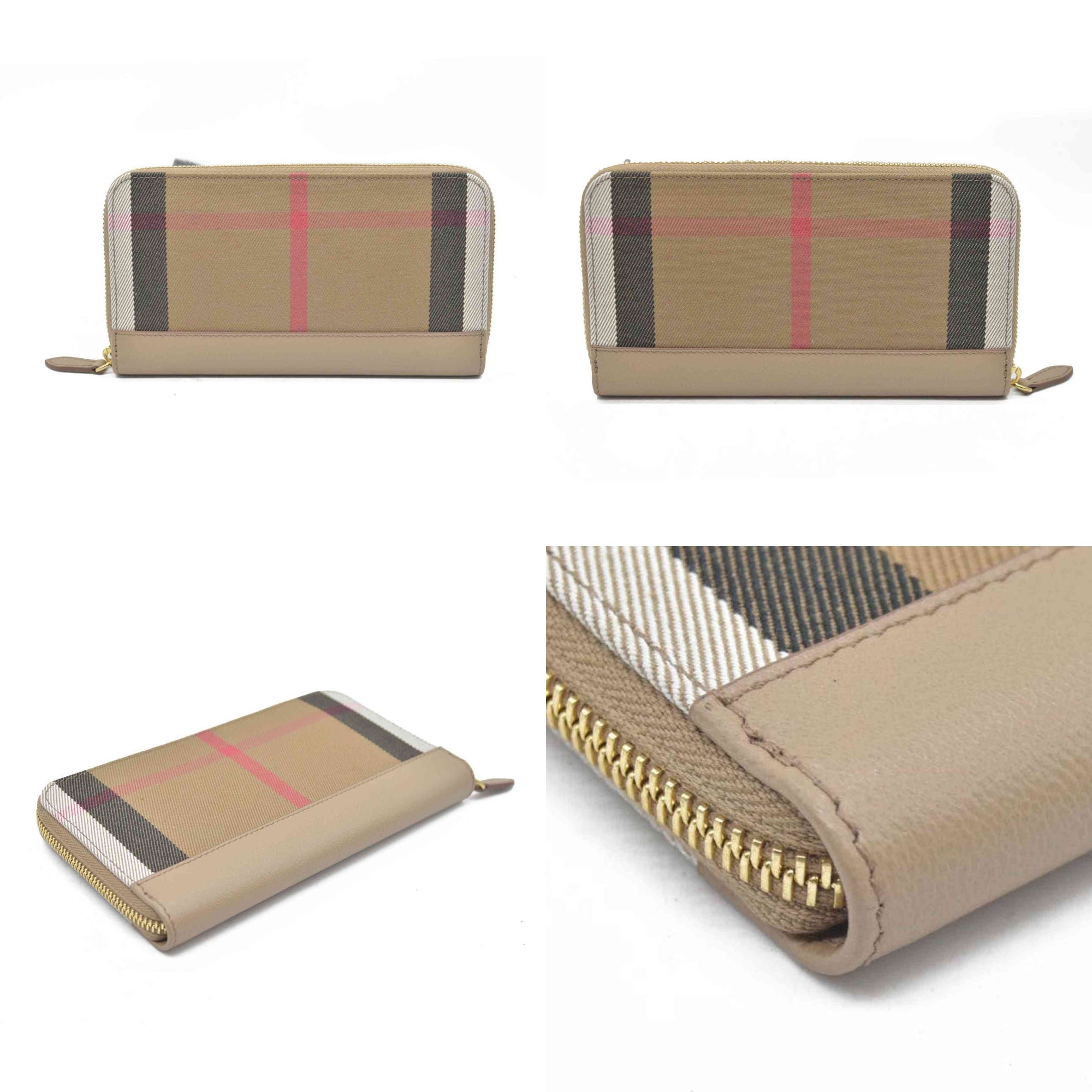 $680 CONSIGNMENT Burberry Vintage Check Cotton & Leather Zip-Around Wallet