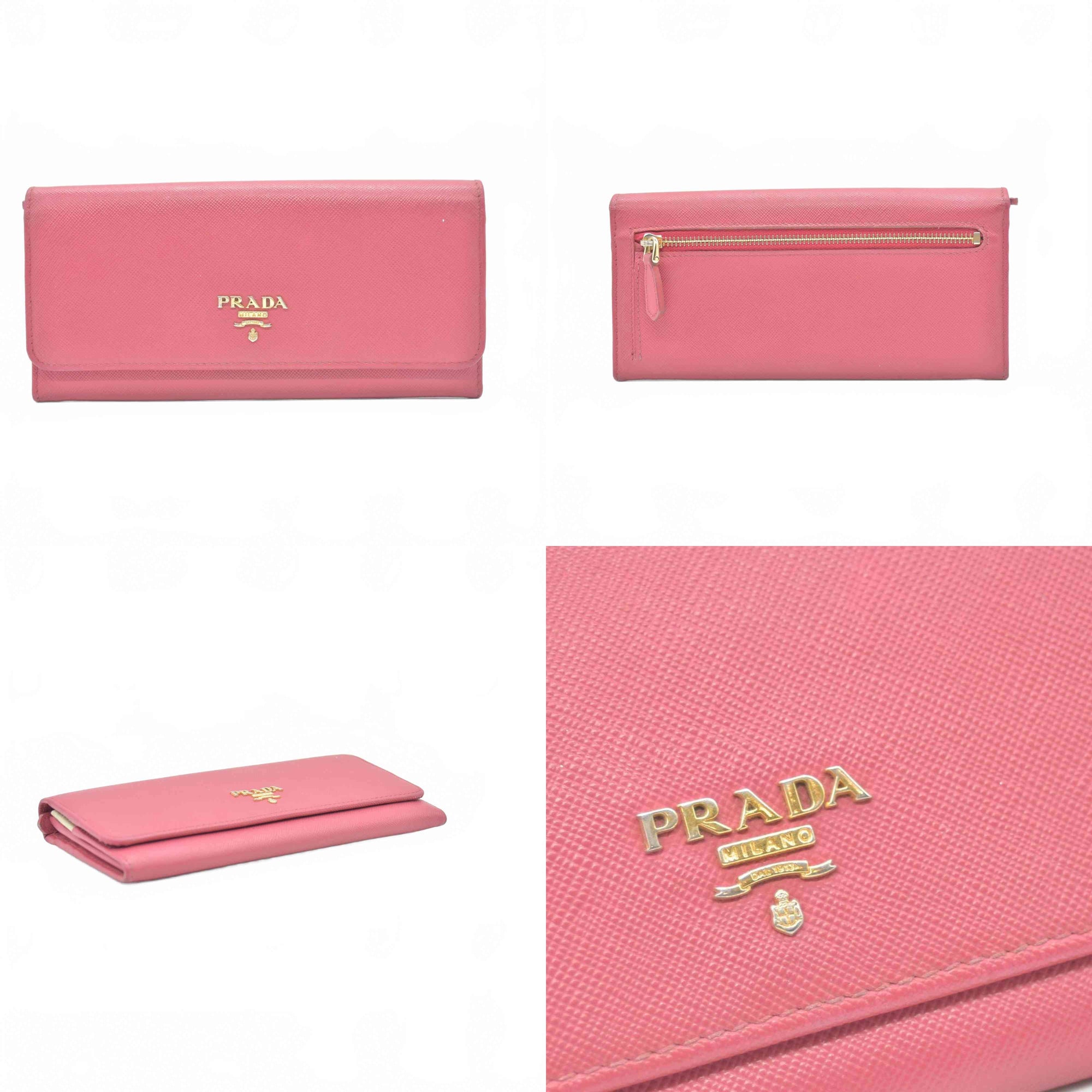$975 Prada Saffiano Metal Continental Flap Wallet Pink CONSIGNMENT
