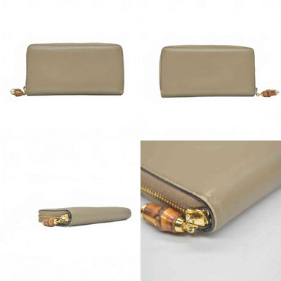 $795 GUCCI Bamboo Pearl Leather Zip Around Long Wallet Beige