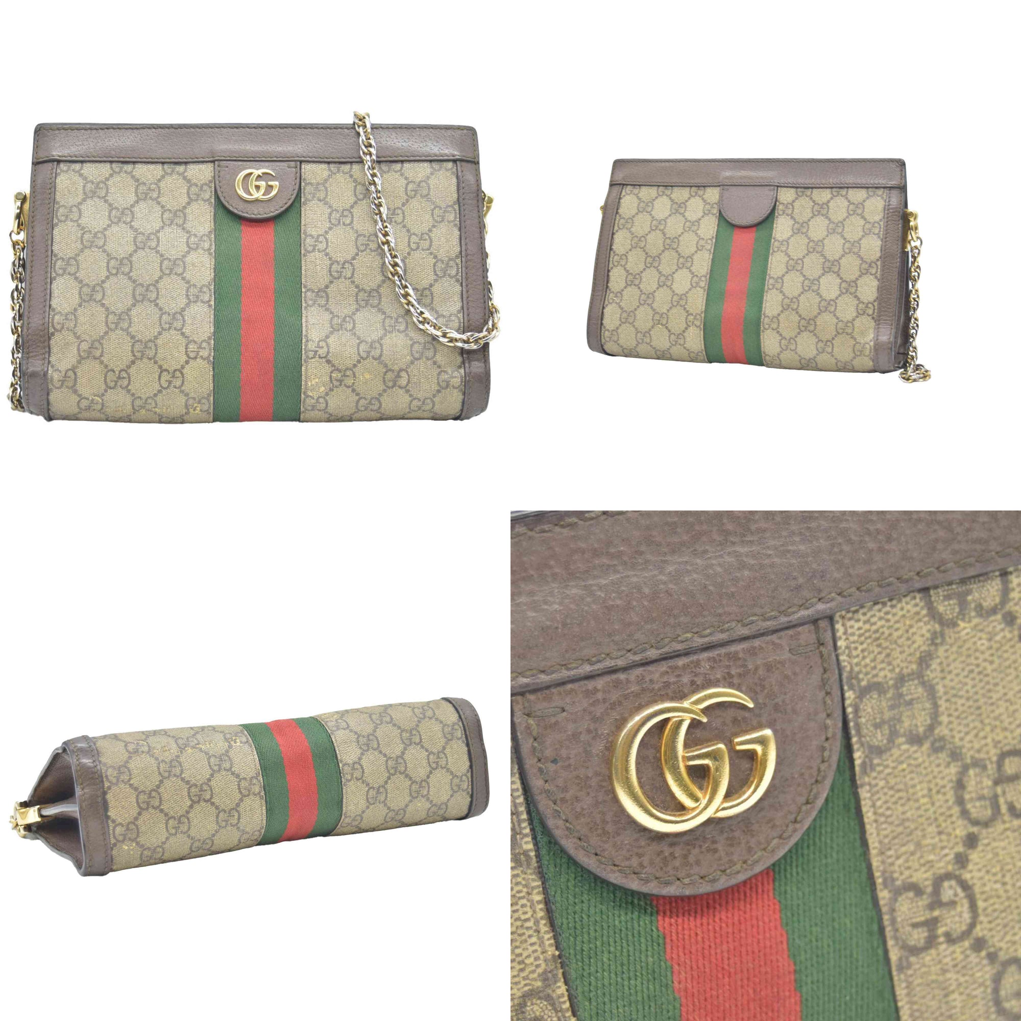$2050 CONSIGNMENT GUCCI GG Supreme Monogram Web Small Ophidia Chain Shoulder Bag Brown