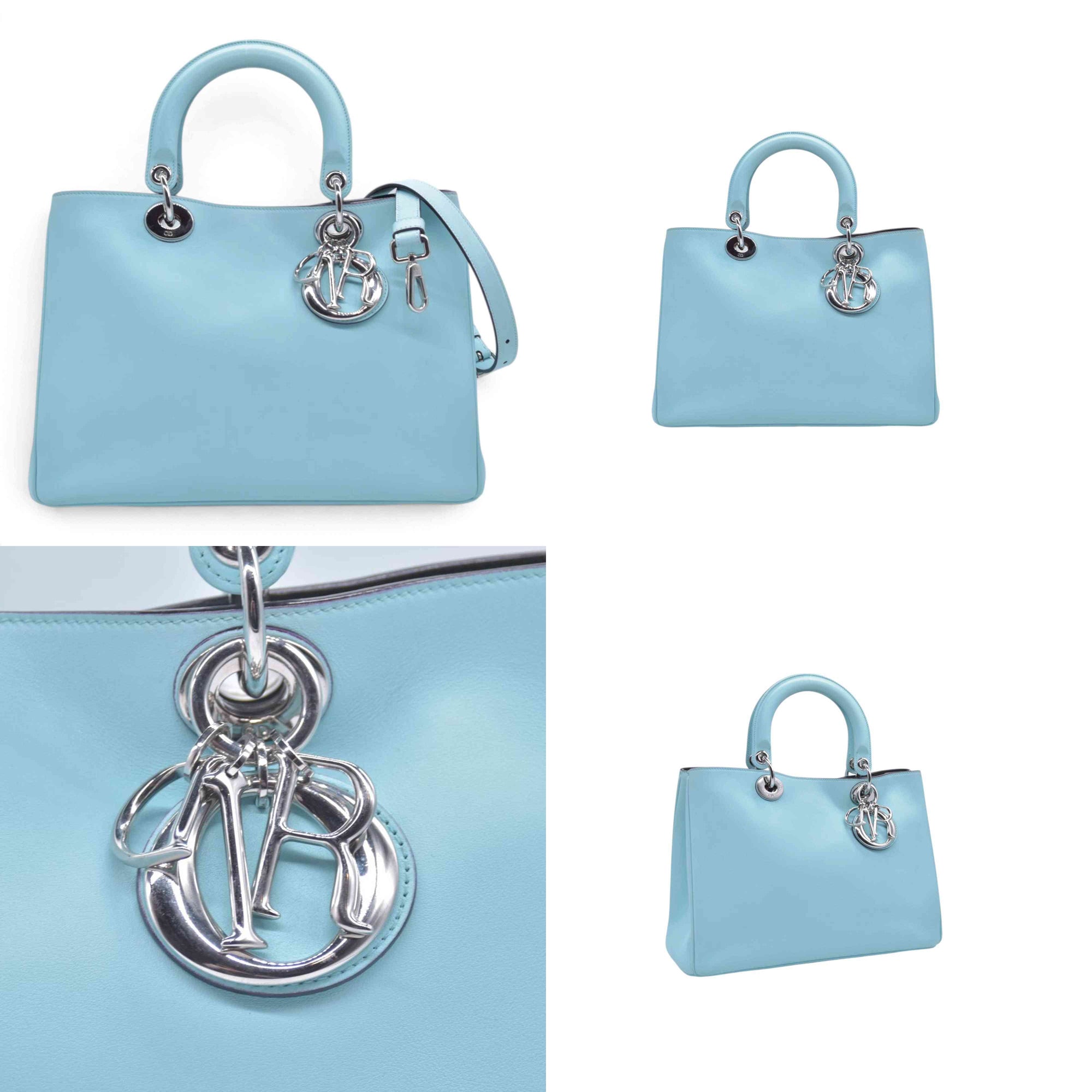 $3200 CHRISTIAN DIOR Lady Dior Medium Leather Tote Sky Blue CONSIGNMENT 10021442