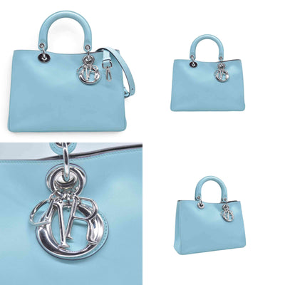 $3200 CHRISTIAN DIOR Lady Dior Medium Leather Tote Sky Blue CONSIGNMENT 10021442