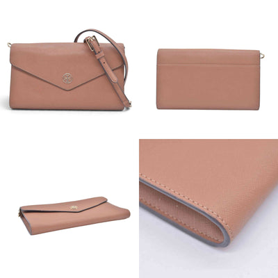 $298 TORY BURCH Envelope Saffiano Leather Crossbody Wallet on Chain Tan CONSIGNMENT 10021423