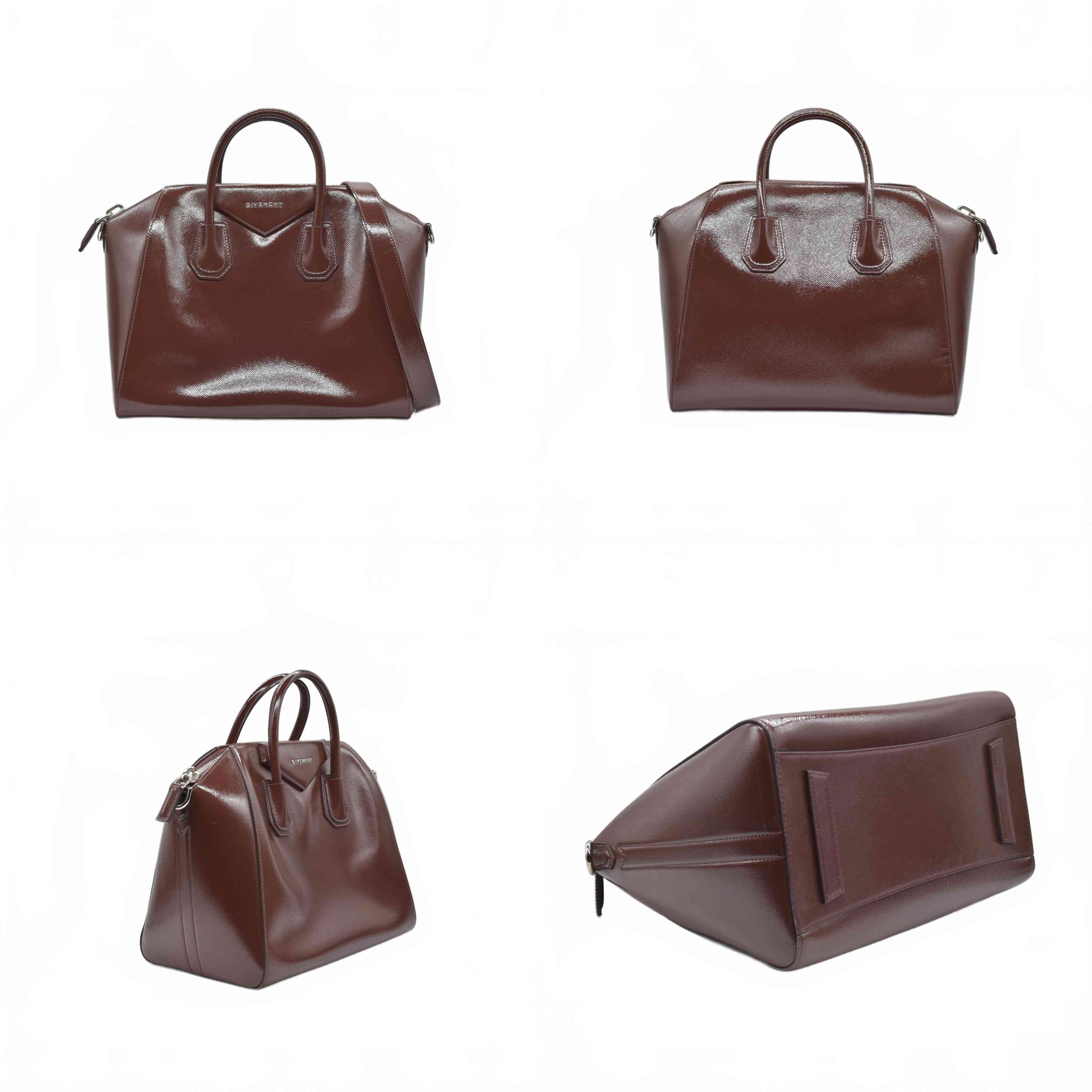 $2750 Givenchy Medium Antigona Satchel in Brown Glazed Patent Leather with Silver Hardware
