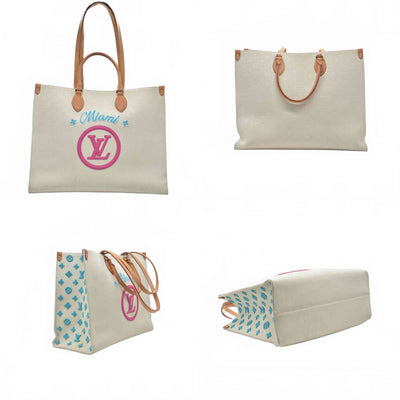 $3650 Louis Vuitton On The Go Miami GM Tote Light Beige Multi Jacquard Monogram Gold Hardware