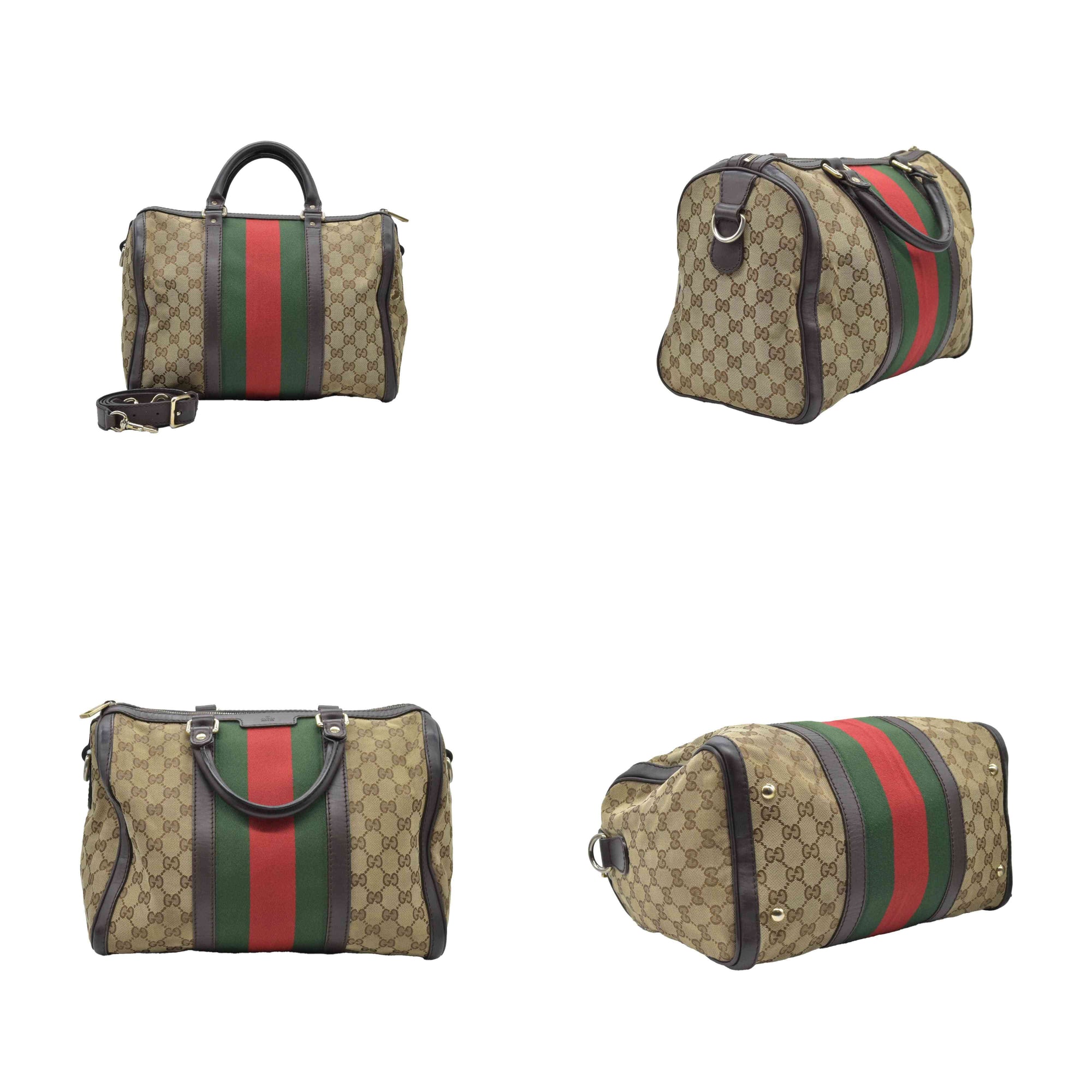 $1350 Gucci Monogram Selleria Calfskin Vintage Web Medium Boston Dark Brown