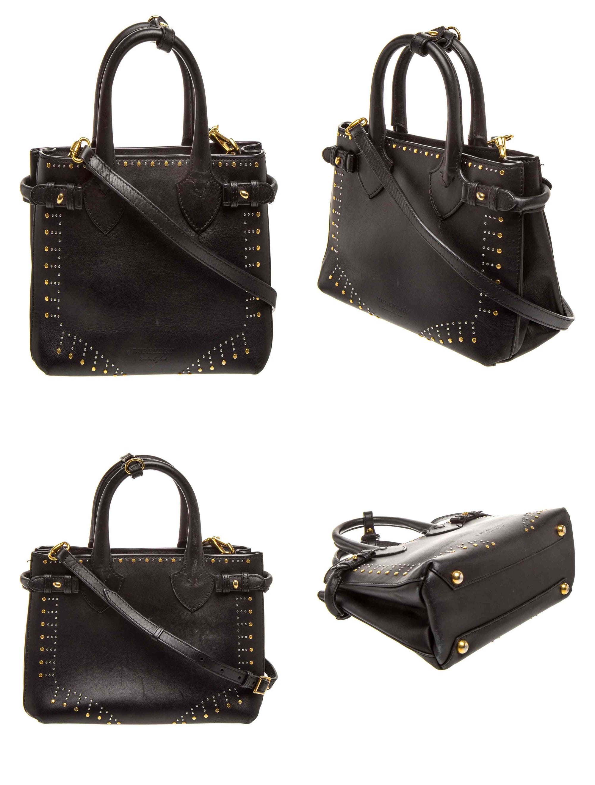 $2650 Burberry Studded Derby Calfskin Small Banner Tote Black