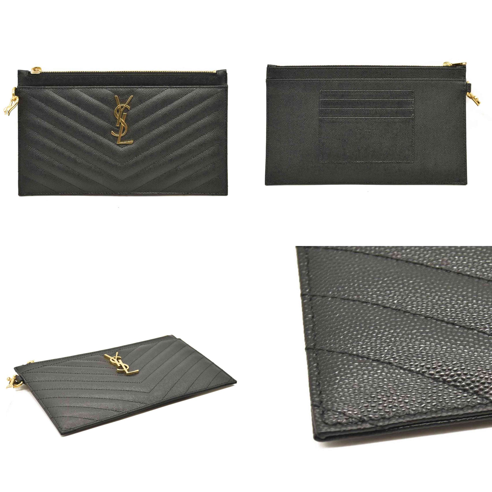 SAINT LAURENT Grain De Poudre Chevron Monogram Large Bill Pouch Black