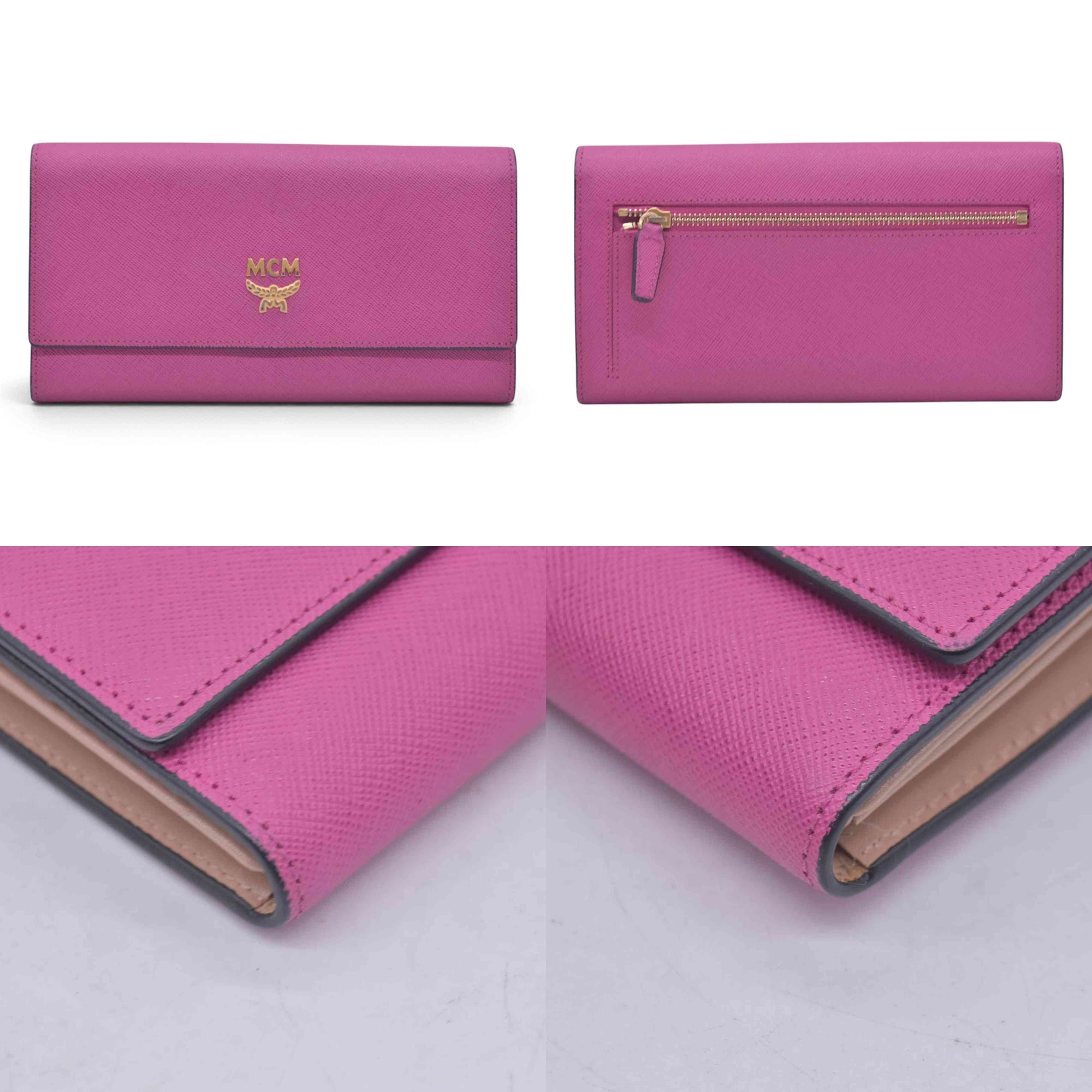 $380 MCM Saffiano Leather Logo Plaque Continental Flap Wallet Pink CONSIGNMENT 10021573