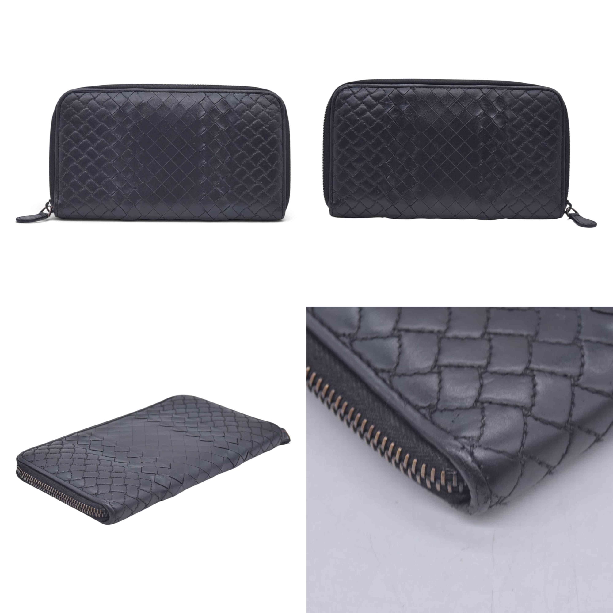 $850 BOTTEGA VENETA Bottega Veneta Black Intrecciato Long Zip Wallet CONSIGNMENT 10021571