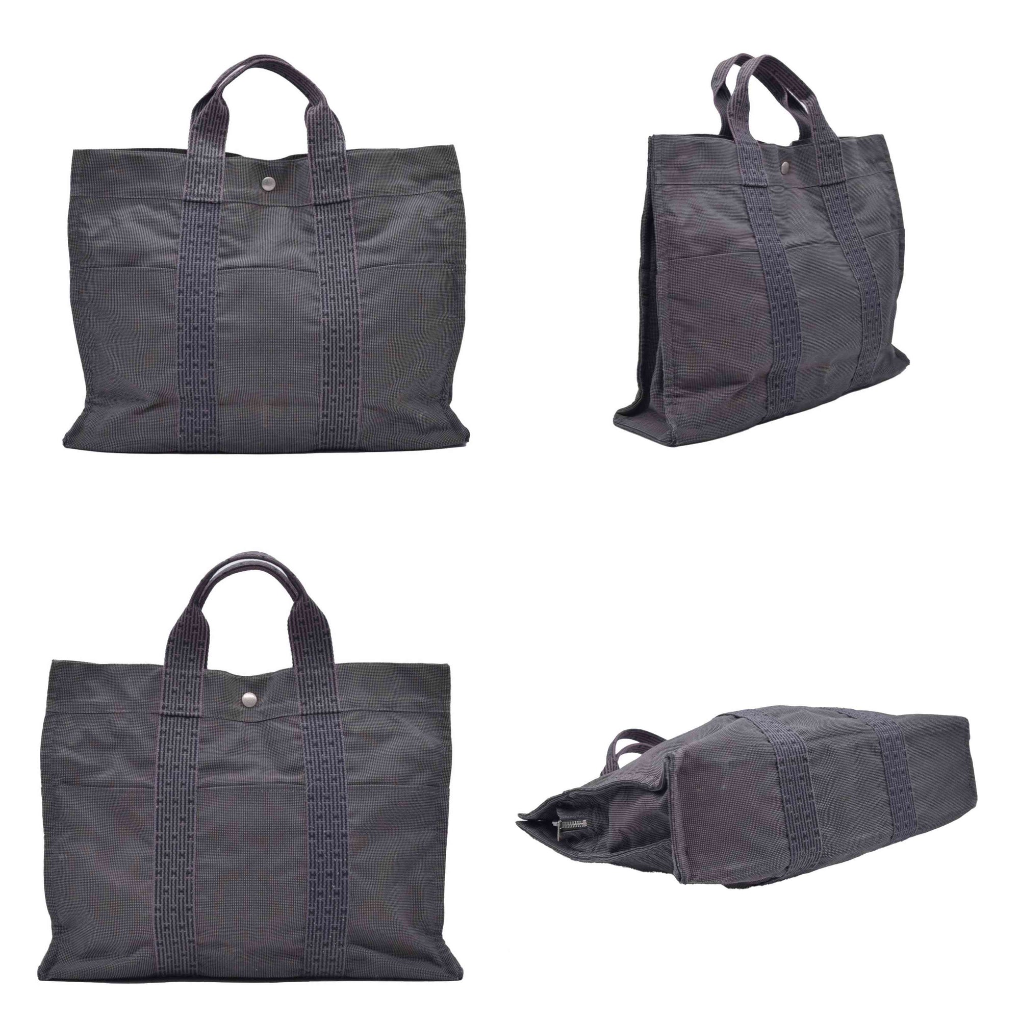 $850 HERMES Toile Herline Tote MM Grey CONSIGNMENT 10021184