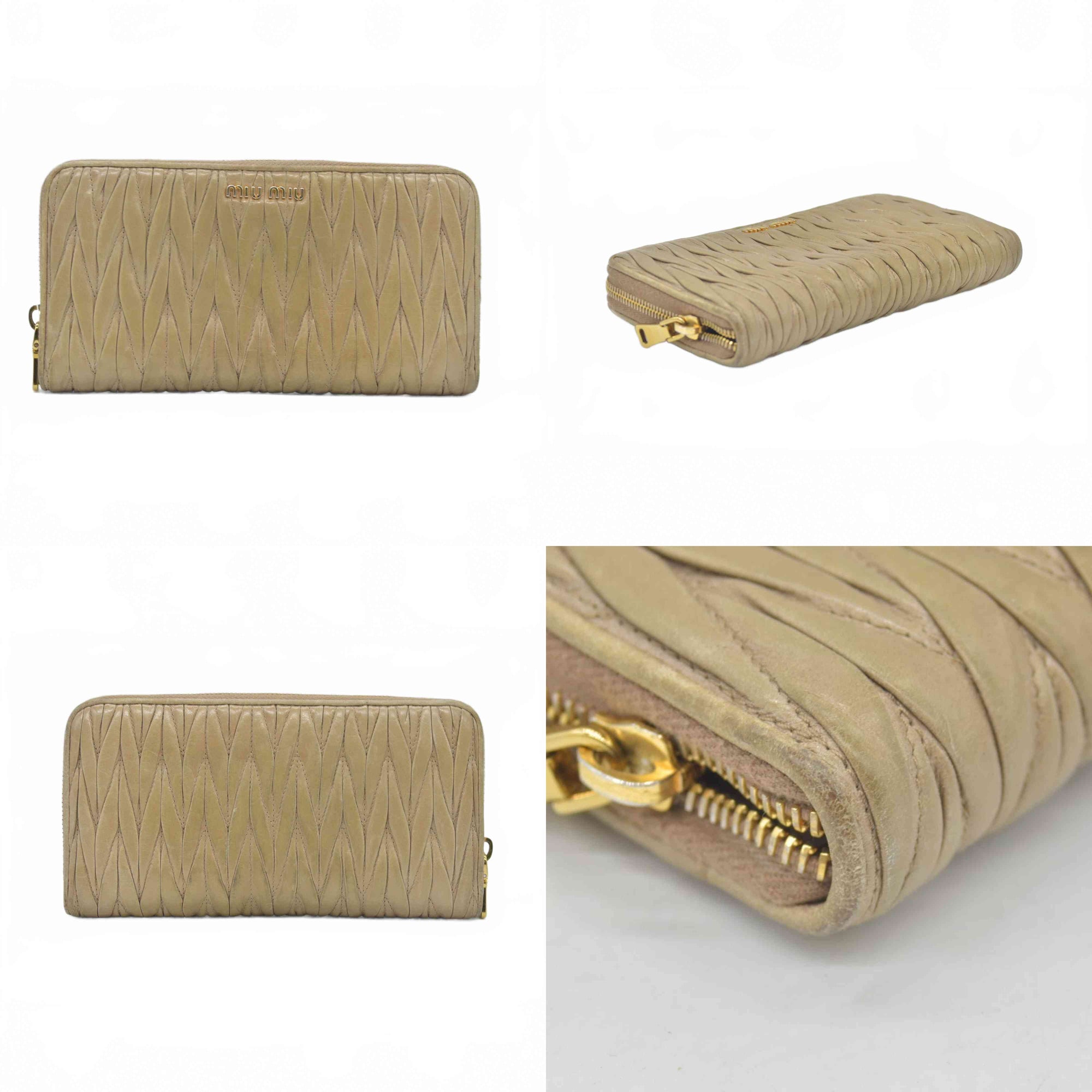 $1020 Miu Miu Matelasse Zip Around Wallet Cammeo CONSIGNMENT